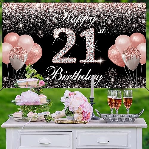Miniatura 5 de Decoraciones de 21 cumpleaños para ella, oro rosa, pancarta de fondo de feliz cumpleaños 21, fiesta de cumpleaños de 21 años, accesorios de cabina