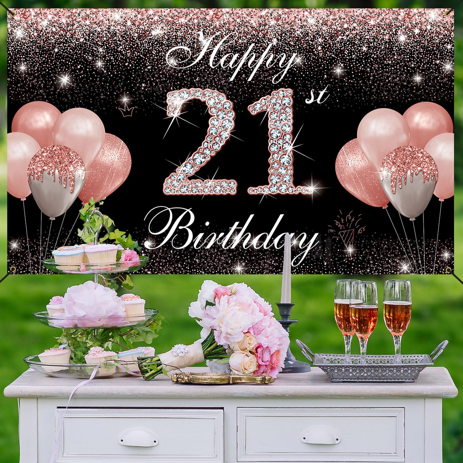 21. Geburtstag Deko Banner, 150x90 Cm – Rosa, Glitzernd, Aus Vinyl, Für Hintergrund & Party-Dekoration