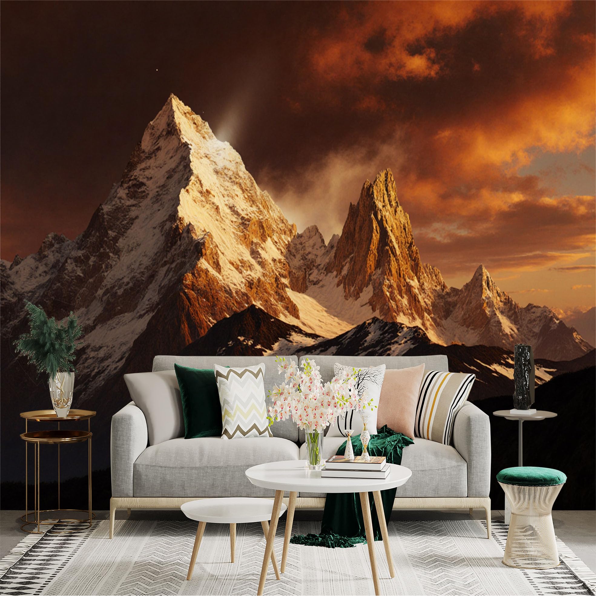 Custom Size Wall Sticker Mural， Golden Sunset Mountain Peaks with Snow and Dramatic Sky， for wall Decoration， peelandstick wall Decals.