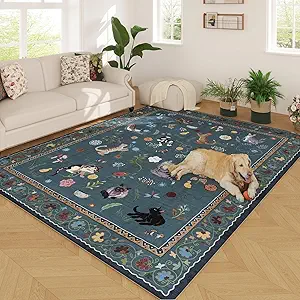 Area Rugs 8x10 Rug for Living Room Clearance Washable Boho Area Rug Non Slip Floral Animal Cat Vintage Low Pile Large Rug for Bedroom Farmhouse Dining Room Kids Playroom, Pearl Gentian Blue