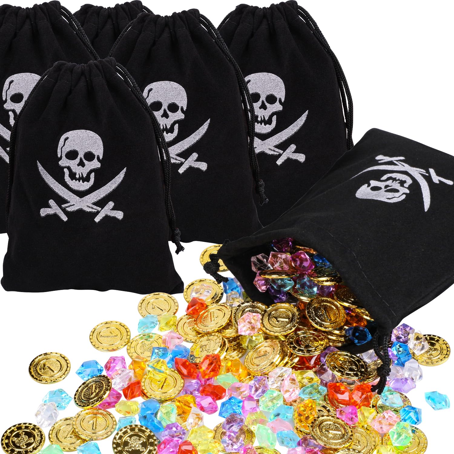 Dncvb 186 Pcs Pirate Accessories Kids, Pirate Treasure Coin Pouch Pirate Treasure Toy with 6 Pirate Party Bags, 60 Pirate Coins, 120 Gemstones for Kids for Pirate Party Treasure Hunting