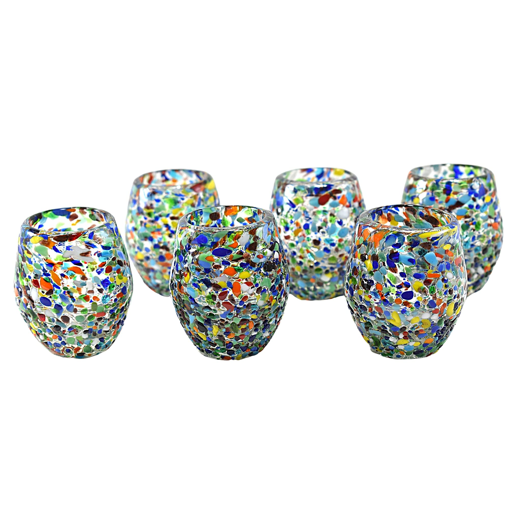 MAREY Mexican Shot Glasses | Hand Blown Glass | Tequila Glasses Artisan Crafted in Mexico | Set of 6 pieces | (Multicolor Hail, Barrel)