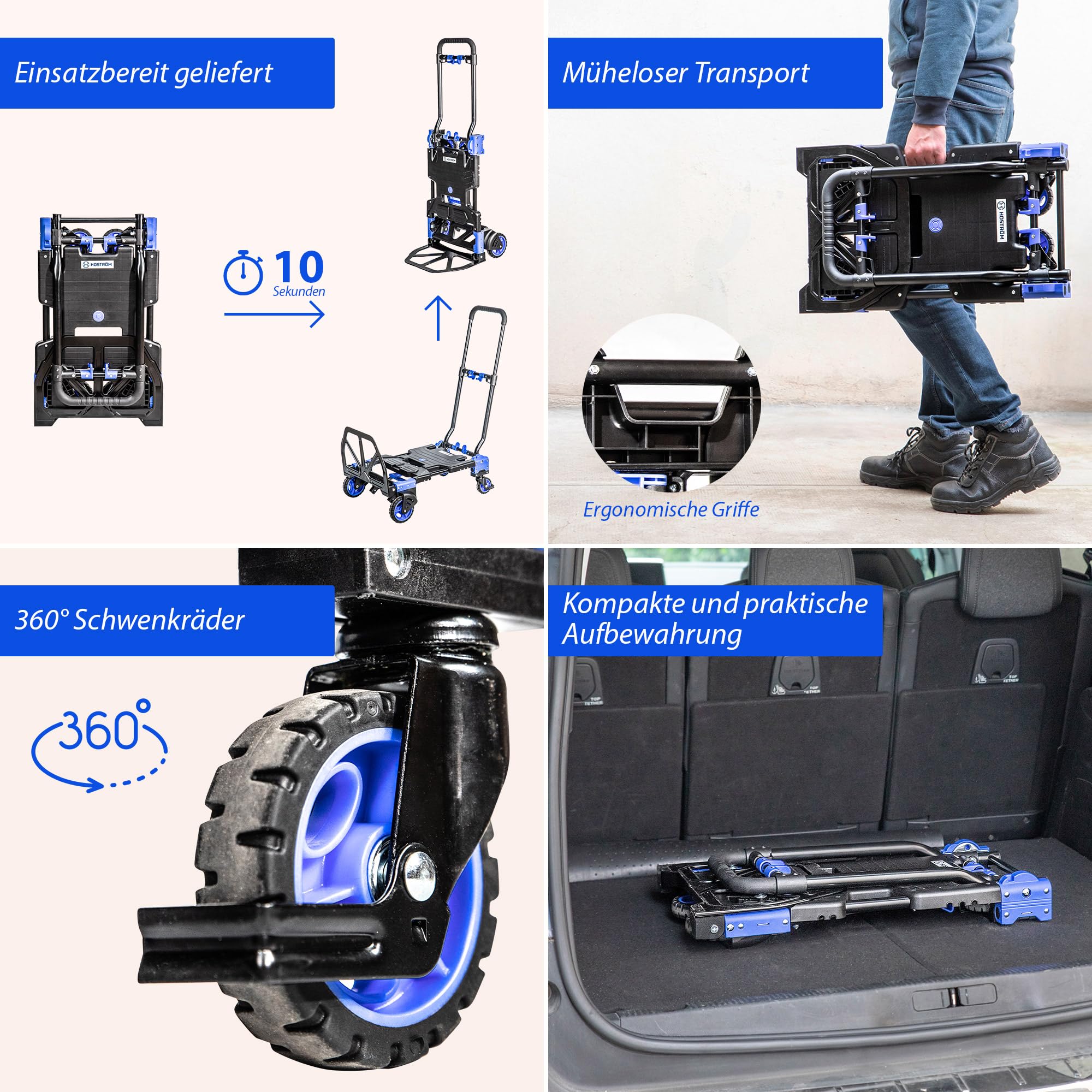 HOSTRÖM 2-in-1 Klappbarer Transportwagen & Sackkarre, Tragkraft 136 kg/68 kg, 360°-Lenkrollen, teleskopierbarer Griff, 5 Jahre Garantie