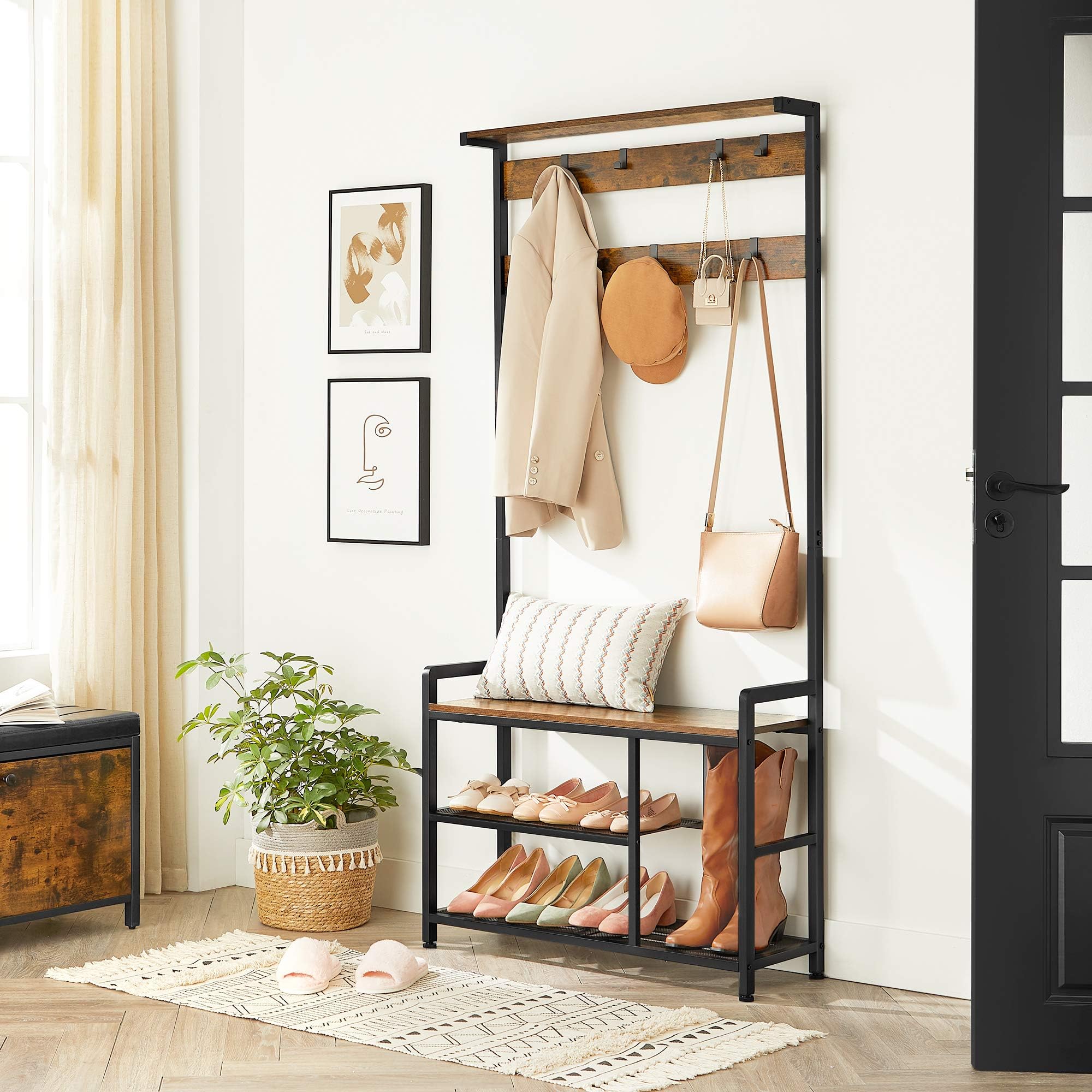 VASAGLE Perchero con Zapatero, Perchero con Banco para Zapatos, con 7 Ganchos, Estantes, para Entrada, Dormitorio, Marco de Acero, Estilo Industrial, Marrón Rústico y Negro HSR088B01