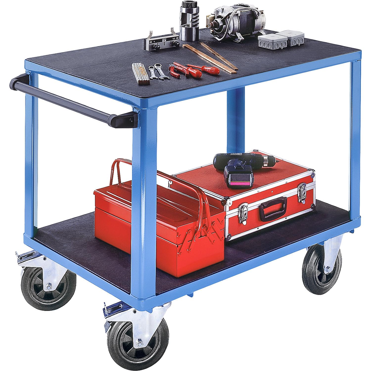 eurokraft | Montagewagen | Tragfähigkeit 500 kg | 2 Ladeflächen aus Kunststoff | Ladefläche 1250 x 800 mm | Gestell lichtBlau