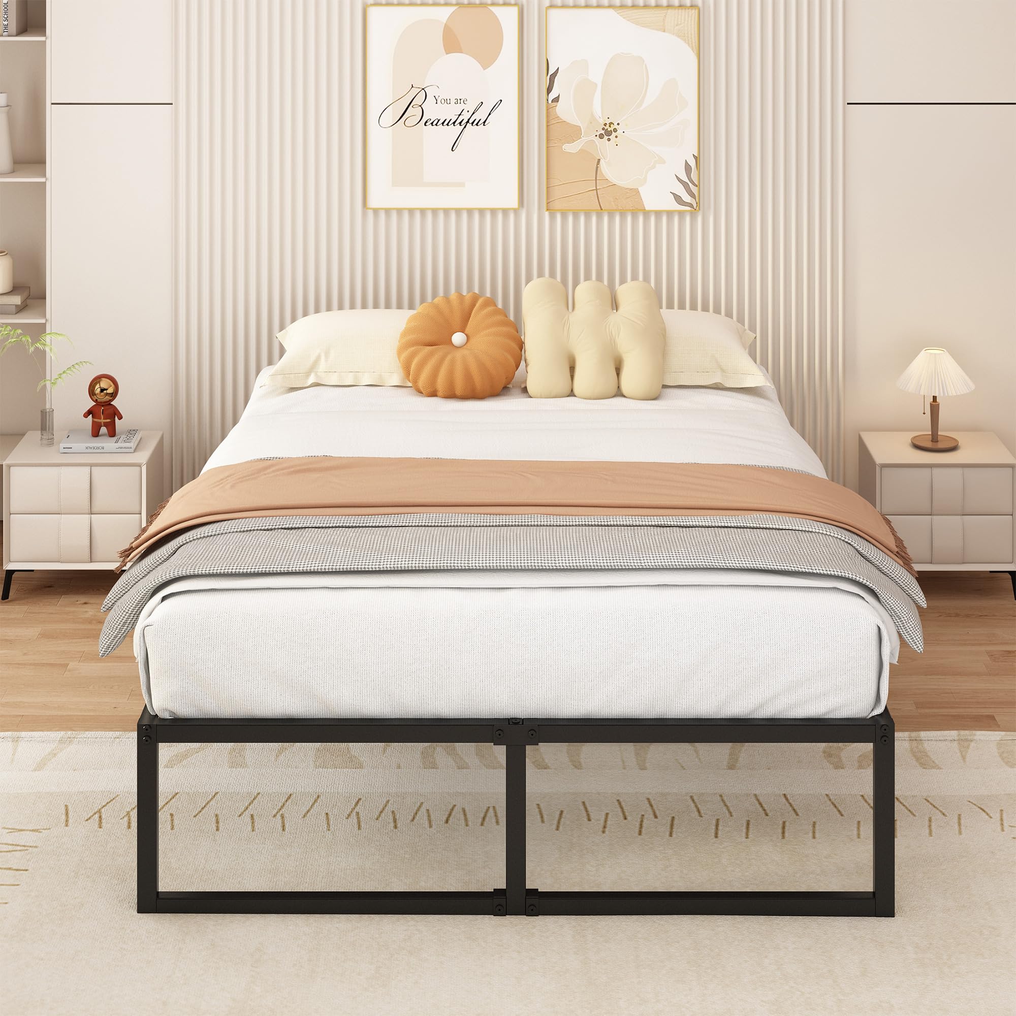 Yicensen Petit Cadre de Lit Double 120 x 190 cm, Lit Plateforme en Métal avec Support à Lattes en Acier, Montage Facile, sans Bruit, Pas Besoin de Sommier Tapissier, 41 cm de Haut, Noir