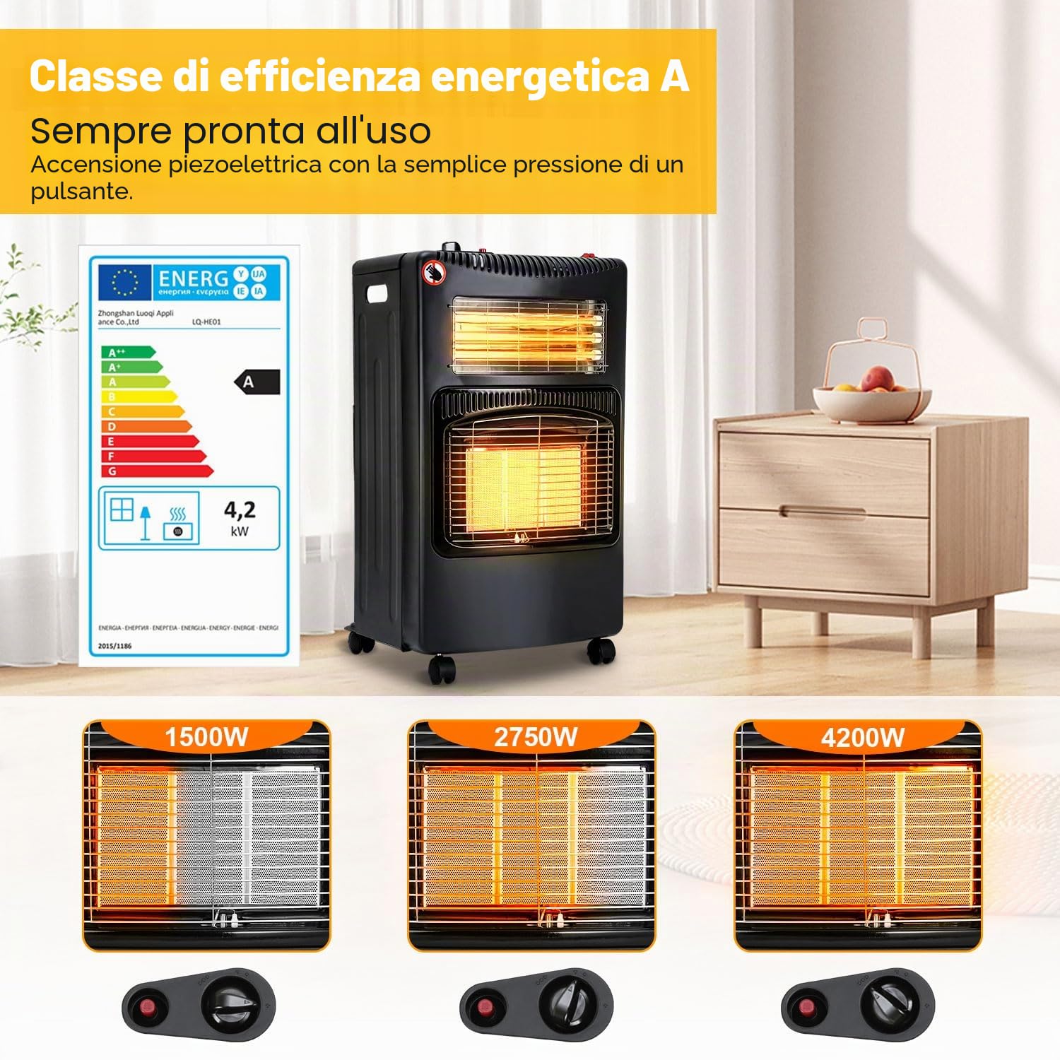 Riscaldatore a gas 4200 W, riscaldamento elettrico 1260 W, bruciatore in ceramica a infrarossi, con regolatore di pressione del gas e tubo del gas, forno a gas, bombole di gas butano o propano