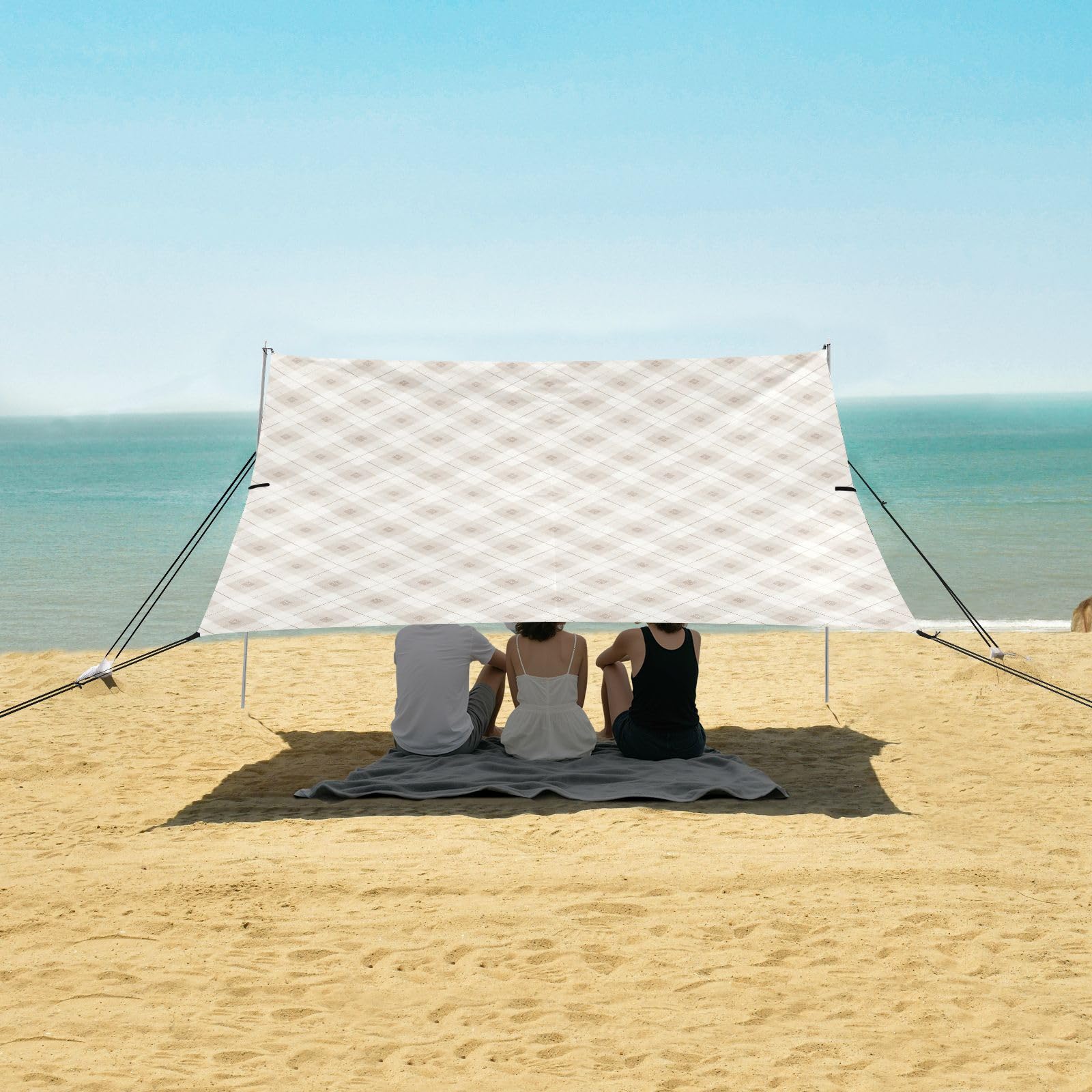 Grand pare-soleil pliable avec poches de sable pour camping, pique-nique, jardin et pêche - Beige et blanc - UPF50