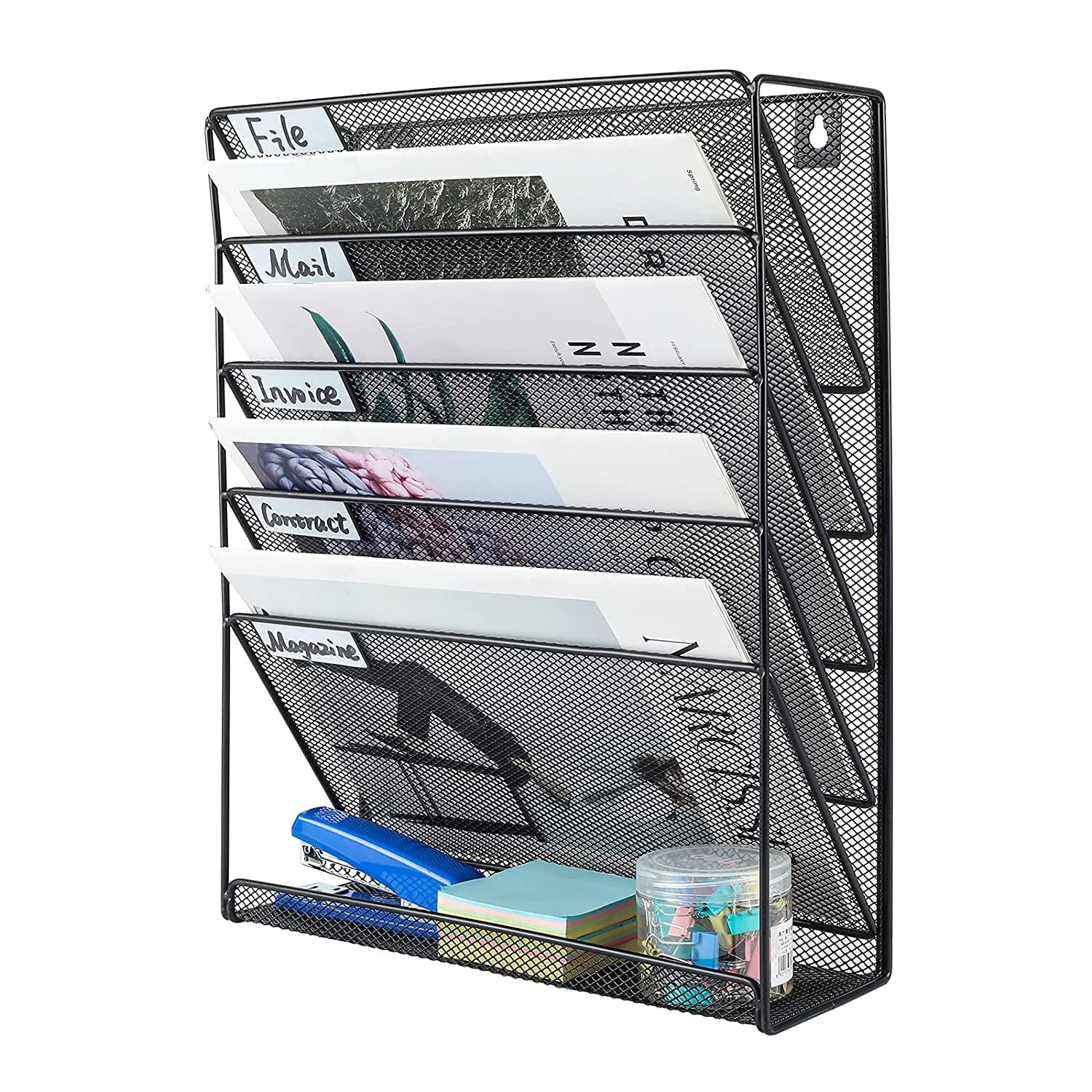 Hanging Wall File Holder Mail Sorter Magazine Rack Office Supplies Metal Mesh Desk Organizer, 6 Tier | Black