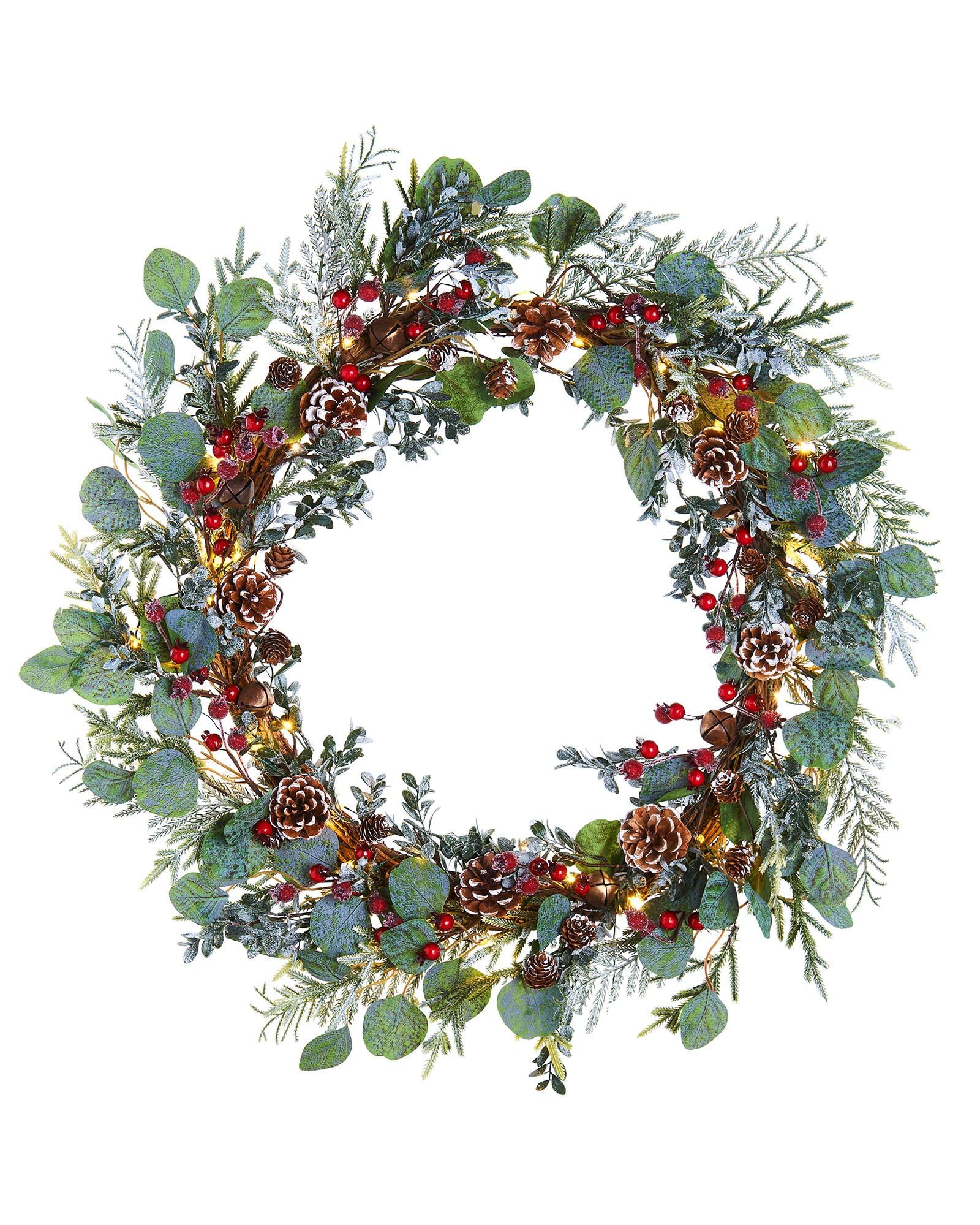 WeRChristmas Pre-Lit Eucalyptus Wreath & Berry, 50 Warm White LED Lights,Green,76 cm,WRC-10150