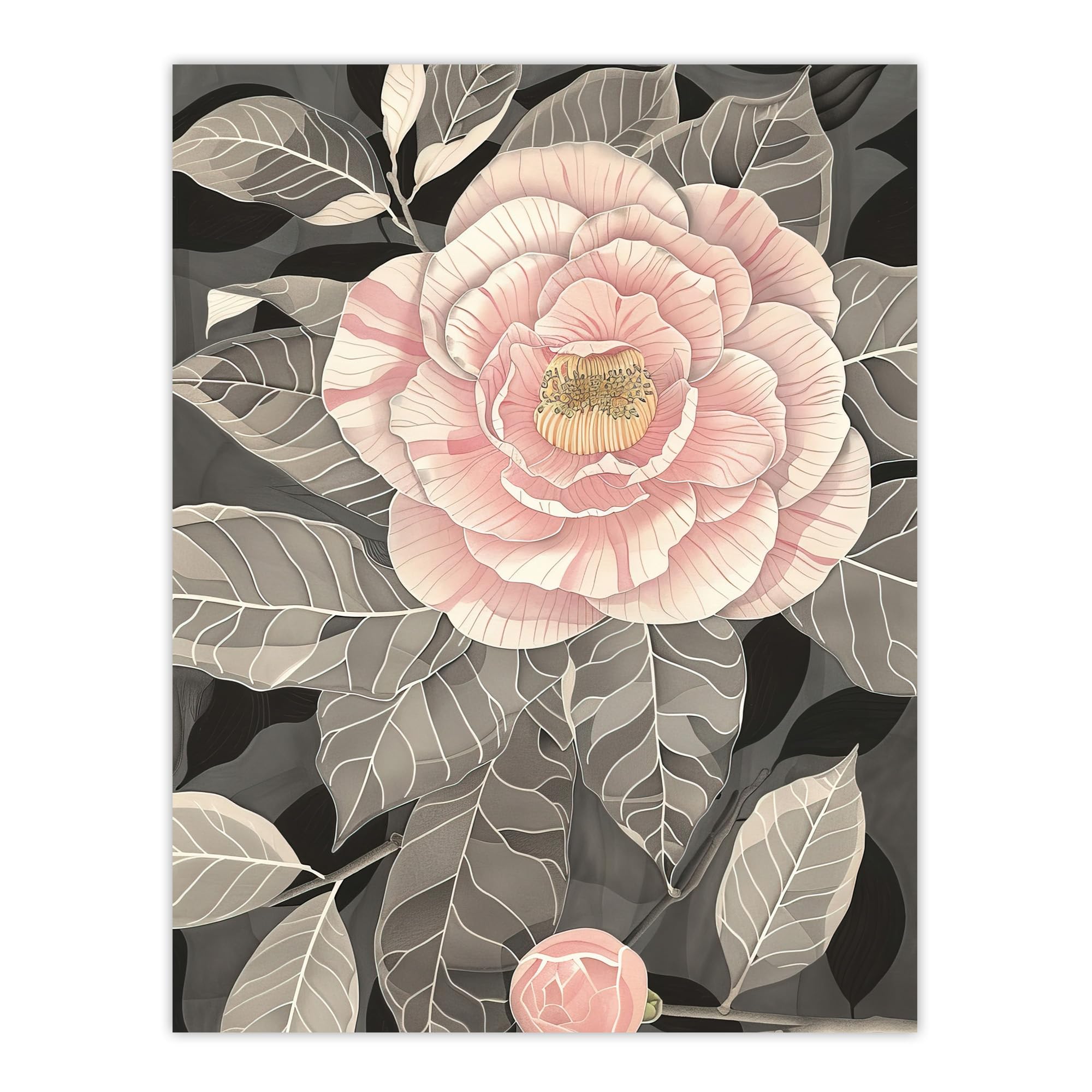 Artery8 Stylised Pink Camellia Flower Pastel Colour Living Room Extra Large XL Wall Art Poster Print, Unframed 24X32", 81L x 61W cm