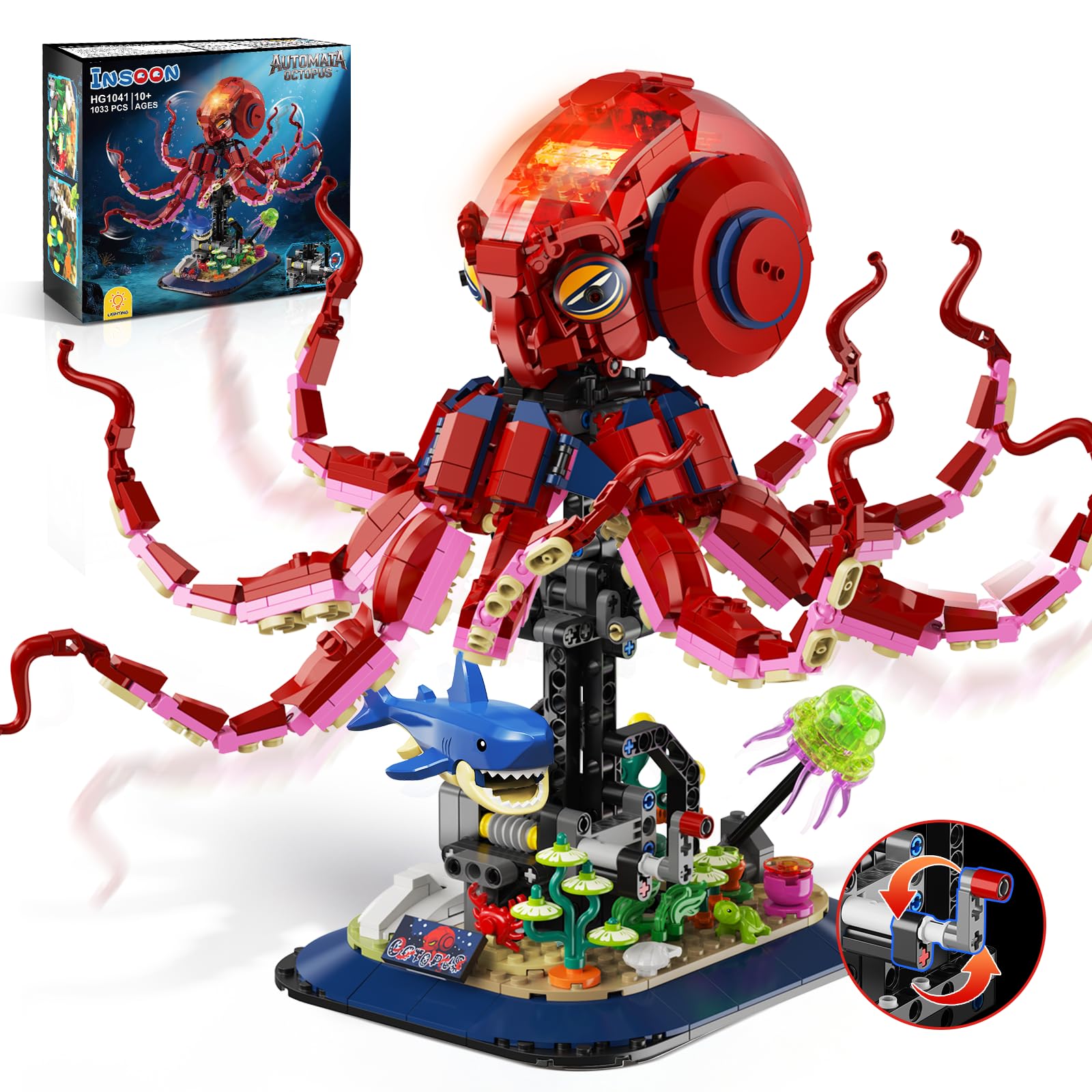 INSOON Set di Costruzioni Polpo Meccanico con Luci, 1033 Pezzi, Modello di Creatura Marina con Movimento, Mattoncini da Costruzione con Squalo e Medusa, Regalo per Adulti e Ragazzi 10+
