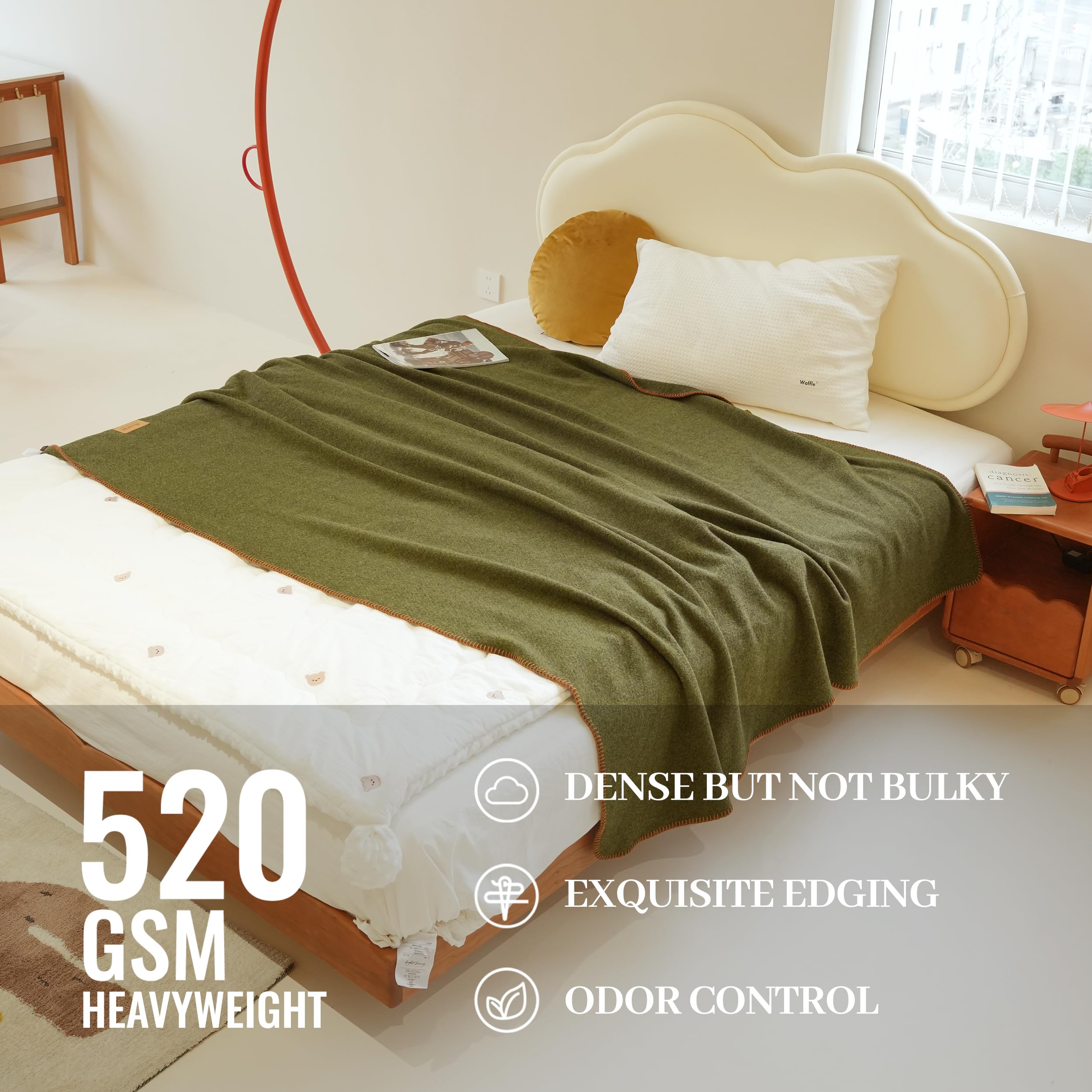 ACUSHLA 80% Merinowolle Wolldecke 160x200 cm, Kuscheldecke Decke, Armygrün | Natürliche Wärme & Komfort – Flauschige Decke für Camping, Reisen und Zuhause. Weich, atmungsaktiv und ideal für kalte Tage