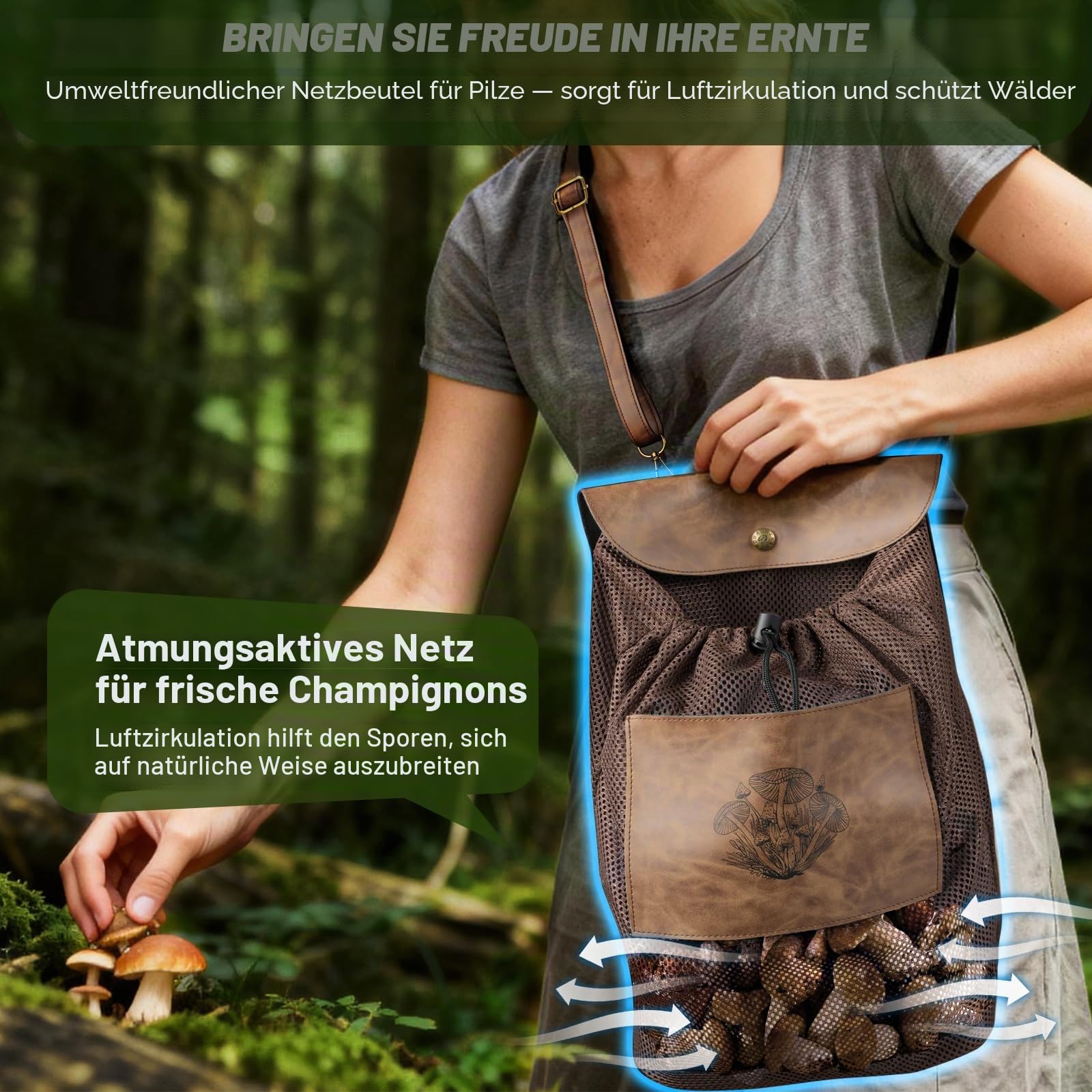 DRACHENADER Pilzmesser & Pilzkorb, Schwammerlmesser mit Bürste/Pinsel (Integriert), Liner Lock, §42a konform, Atmungsaktive, Faltbare Pilztasche mit Netz, Verstellbarem Schultergurt