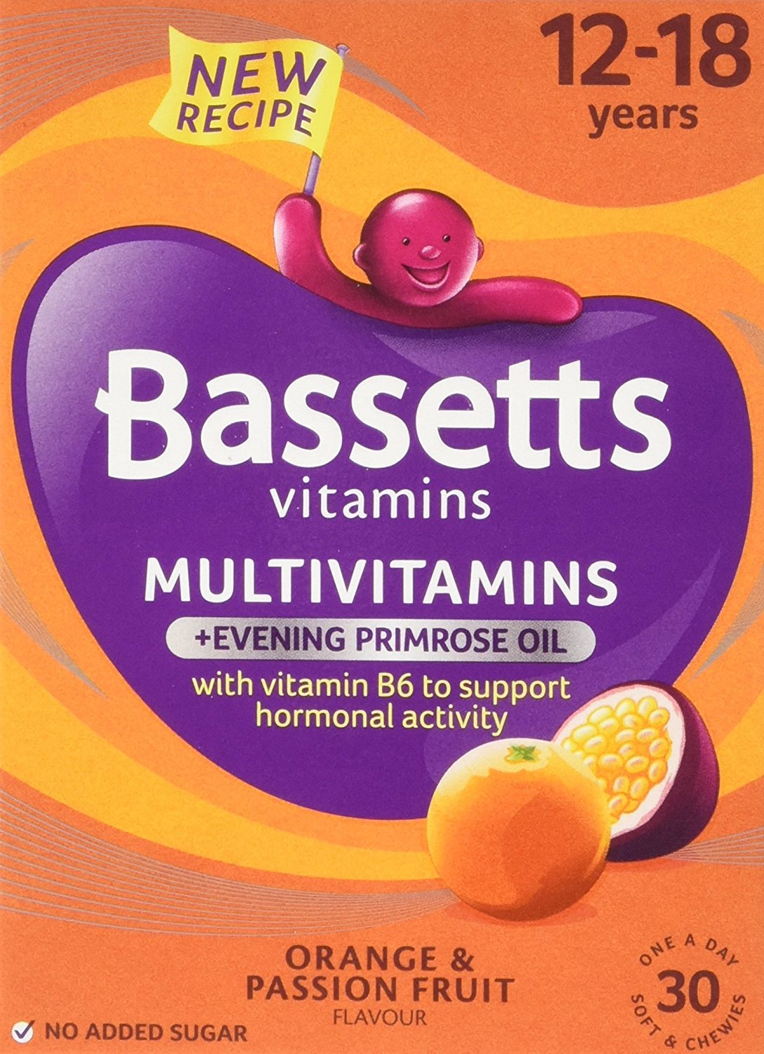 Bassetts Oil Orange and Passion Fruit Flavour 12-18 Years Evening Primrose Soft and Chewy Multivitamins - Pack of 2, Total 60