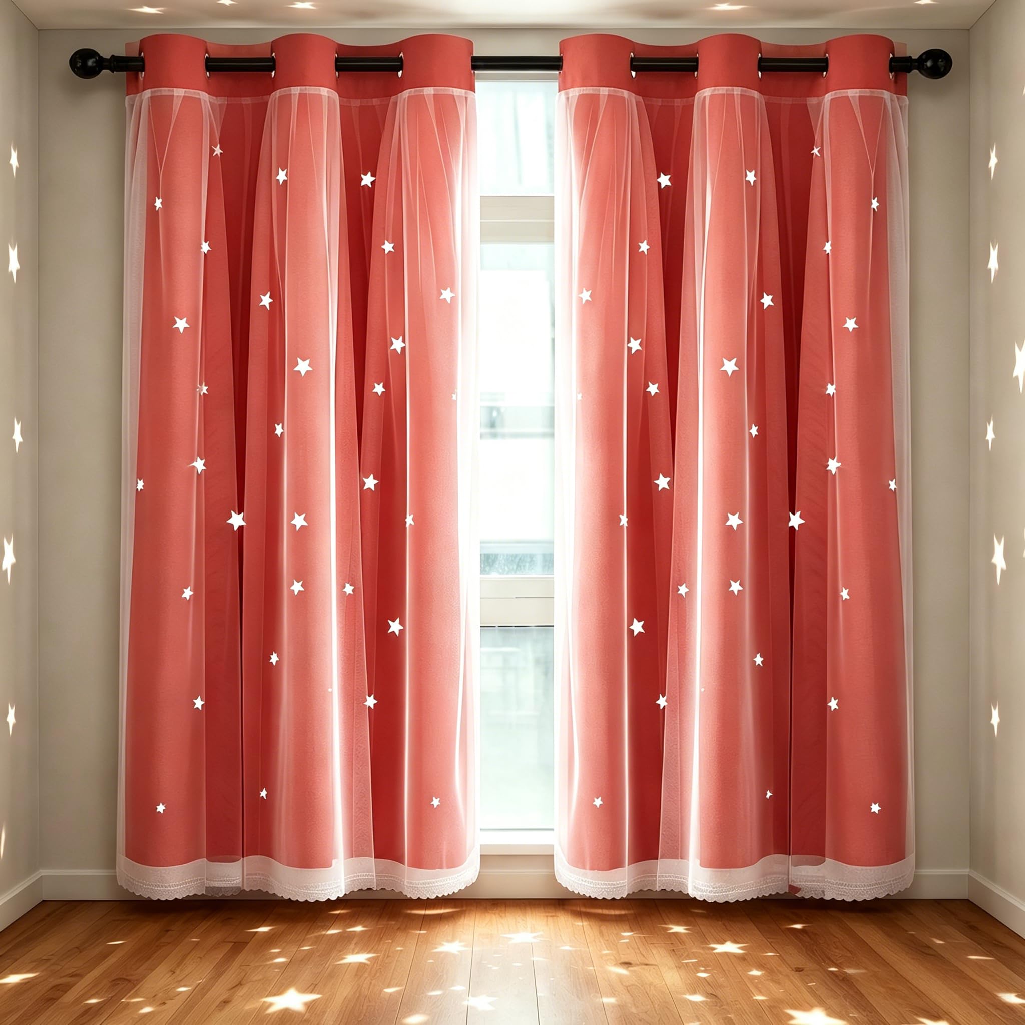 Kinryb Star Hollowed Out Kids Curtains for Girls Bedroom Small Curtain Mix and Match Curtain Star Curtains for Nursery Double-Layer Grommet Window Drapes 2 Piece with Tiebacks Coral 42W x 45L — image 1