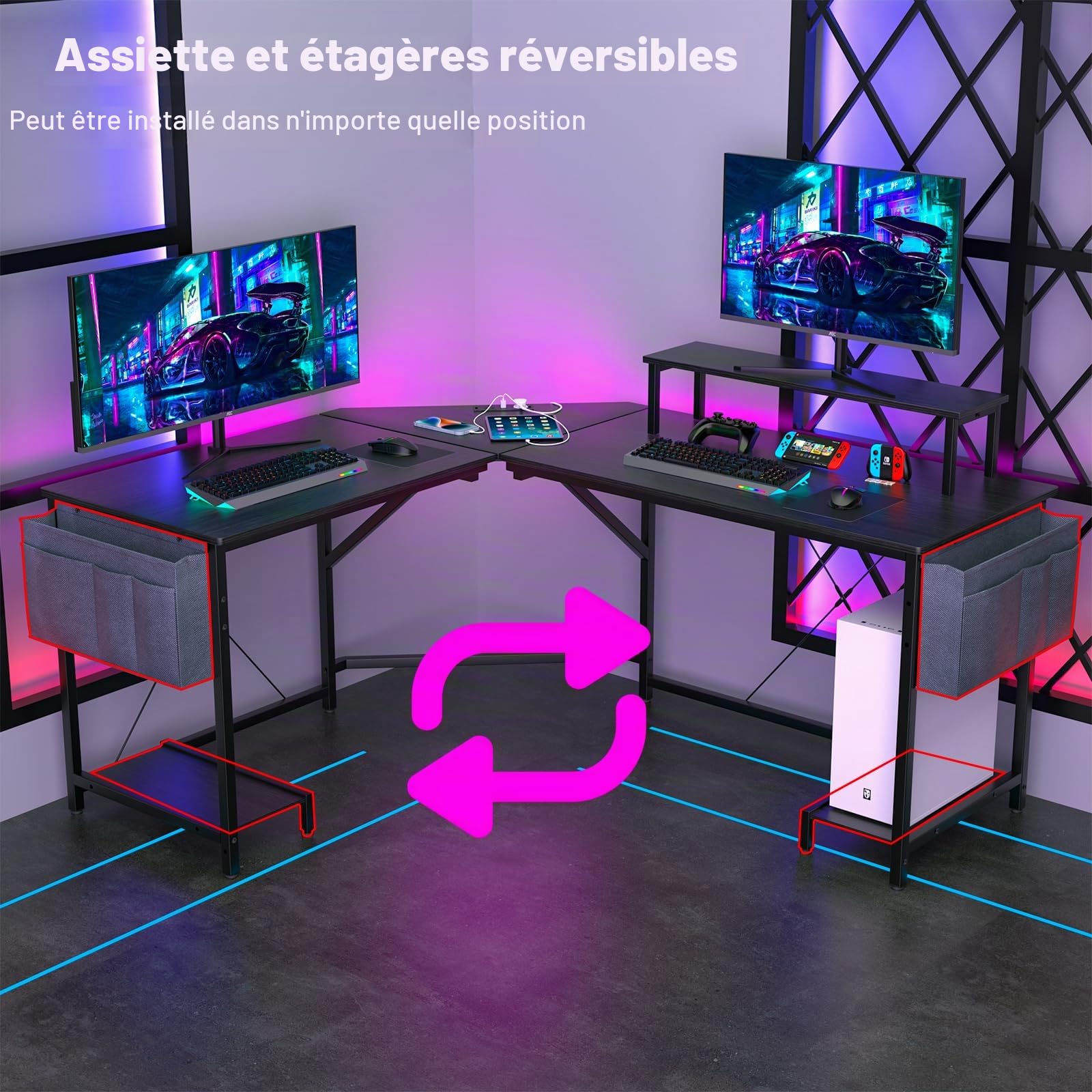 Bureau d'angle Informatique Gaming avec Fonction de Chargement, en Coin pour Ordinateur Station de Travail, pour Gamer, Table en Bois, pour Maison et Bureau Noir