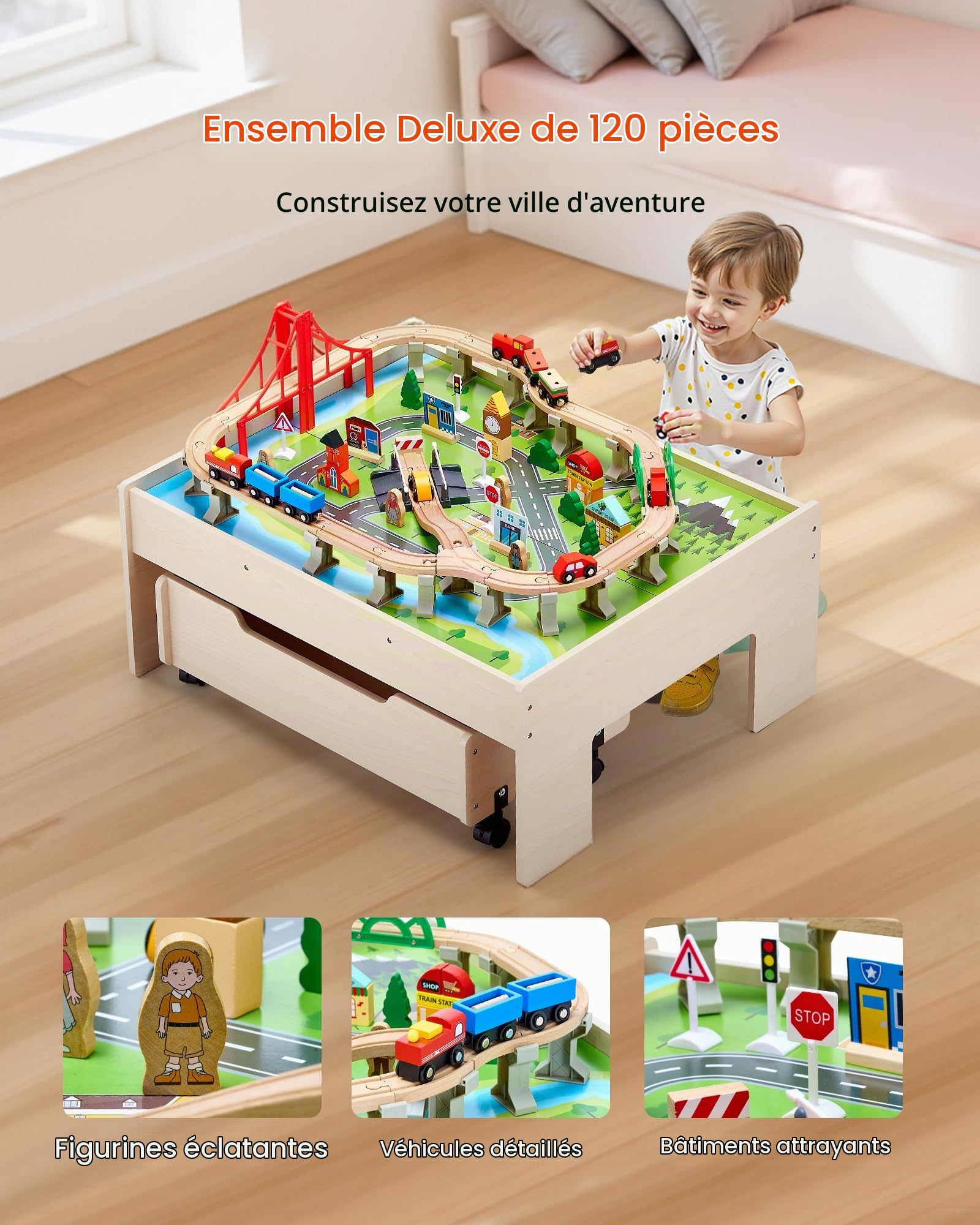 VEVOR Table Circuit Train Bois, 100 PCS, avec Rail de Train, Tiroir Rangement Roulant, Table Activités 3 en 1 Double Face pour Jouer, Dessiner, Lire, Manger, Jouets Créatifs pour Enfants 3 Ans et Plus
