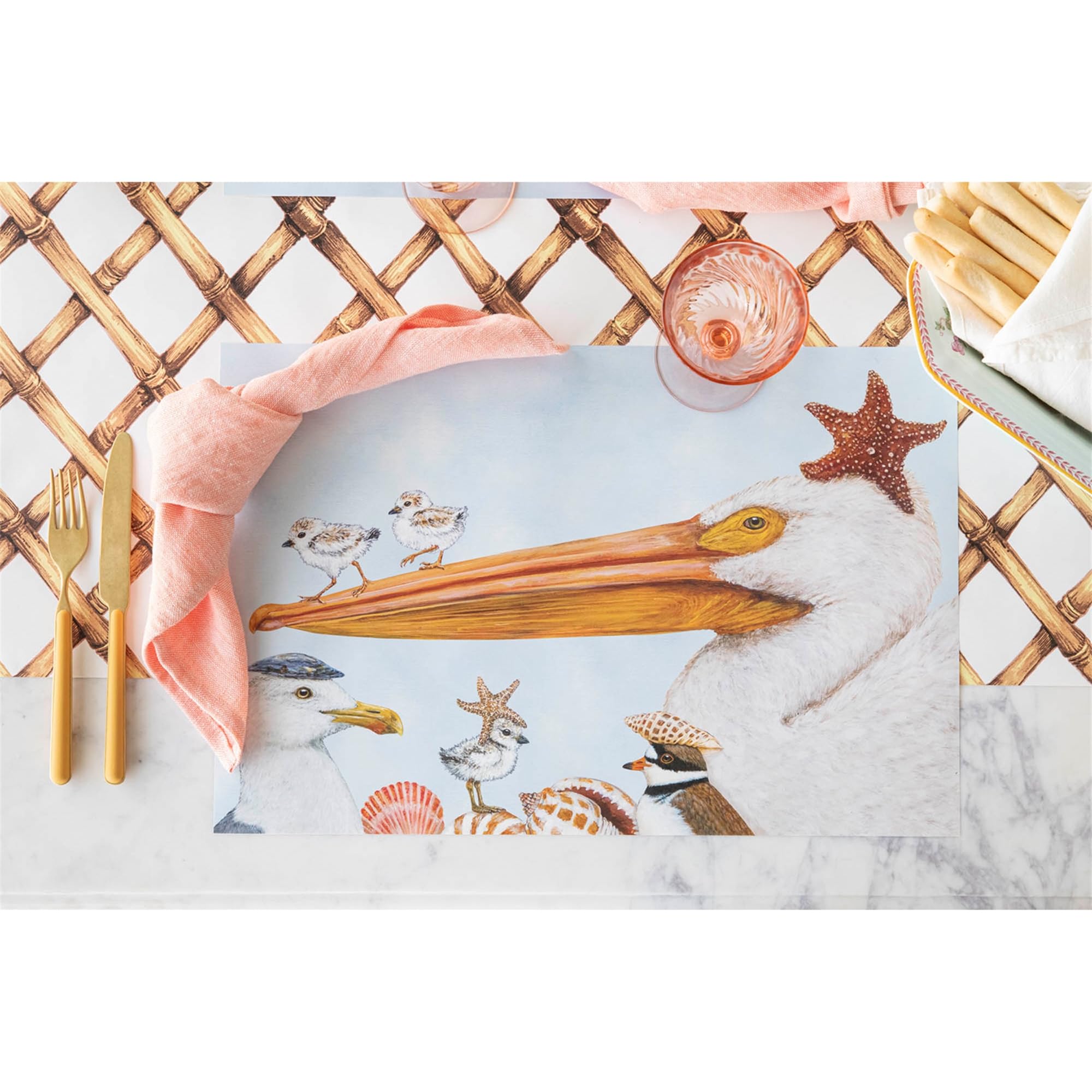 Hester & Cook Manteles individuales de papel desechables para mesa de comedor, tapetes cuadrados de papel para fiestas o bodas, 18 hojas por bloc, fabricados en Estados Unidos (aves playeras)