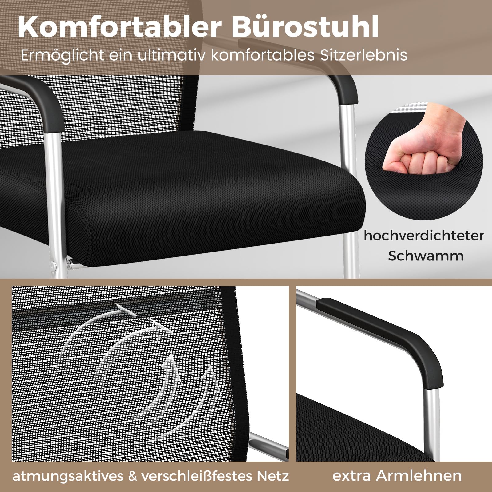 COSTWAY Freischwinger Stühle 4er Set, stapelbare Schwingstühle mit Metallkufenbasis & Armlehne, Bürostühle, Konferenzstühle, Besucherstühle für Büro, Konferenzraum, Arbeitszimmer, Schwarz