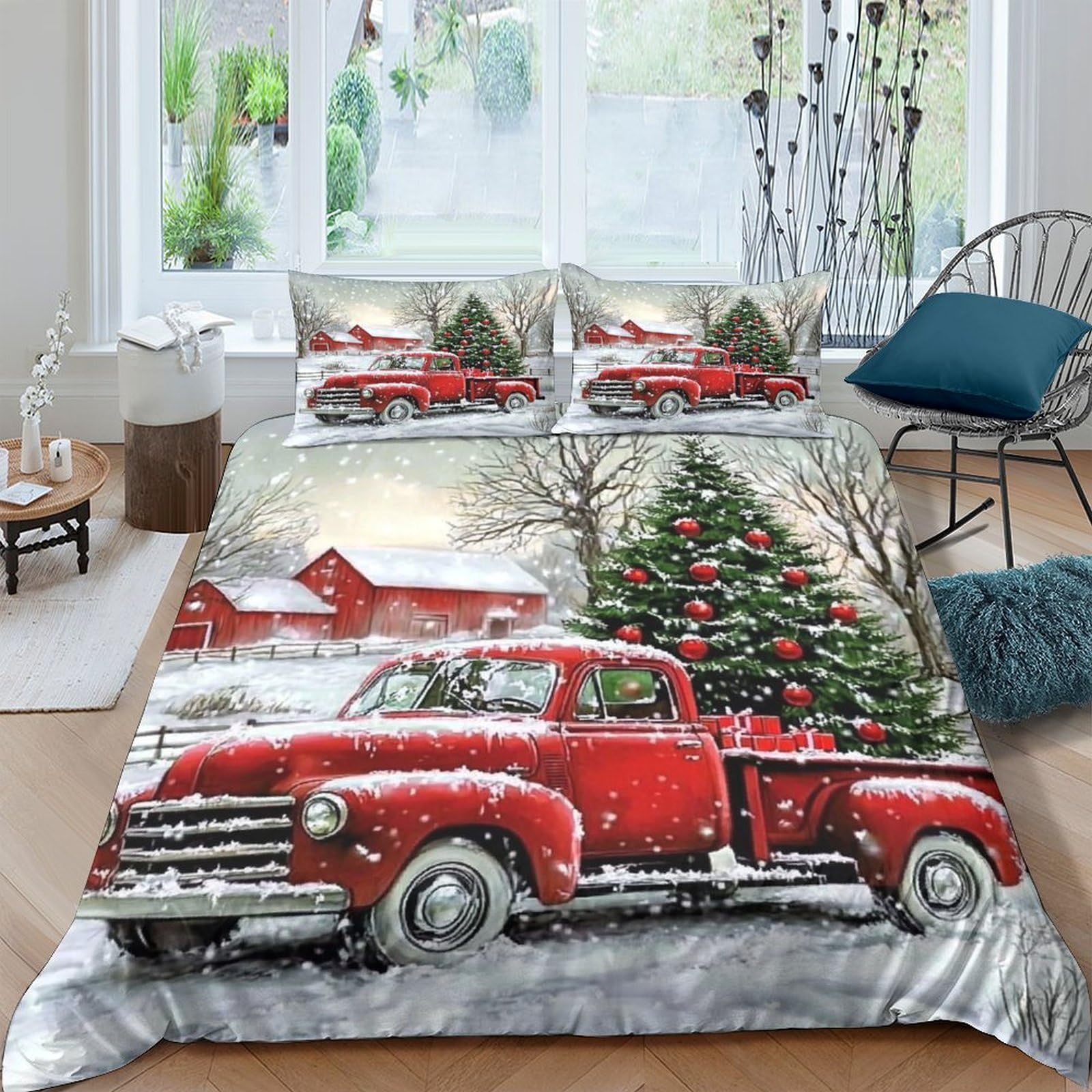 Ctjqhvkz Style-10 3D Printed Red Vintage Truck Fitted Sheet Microfiber Christmas Tree Bed Cover For Bedroom Guest Room Decor Single（135X200cm）