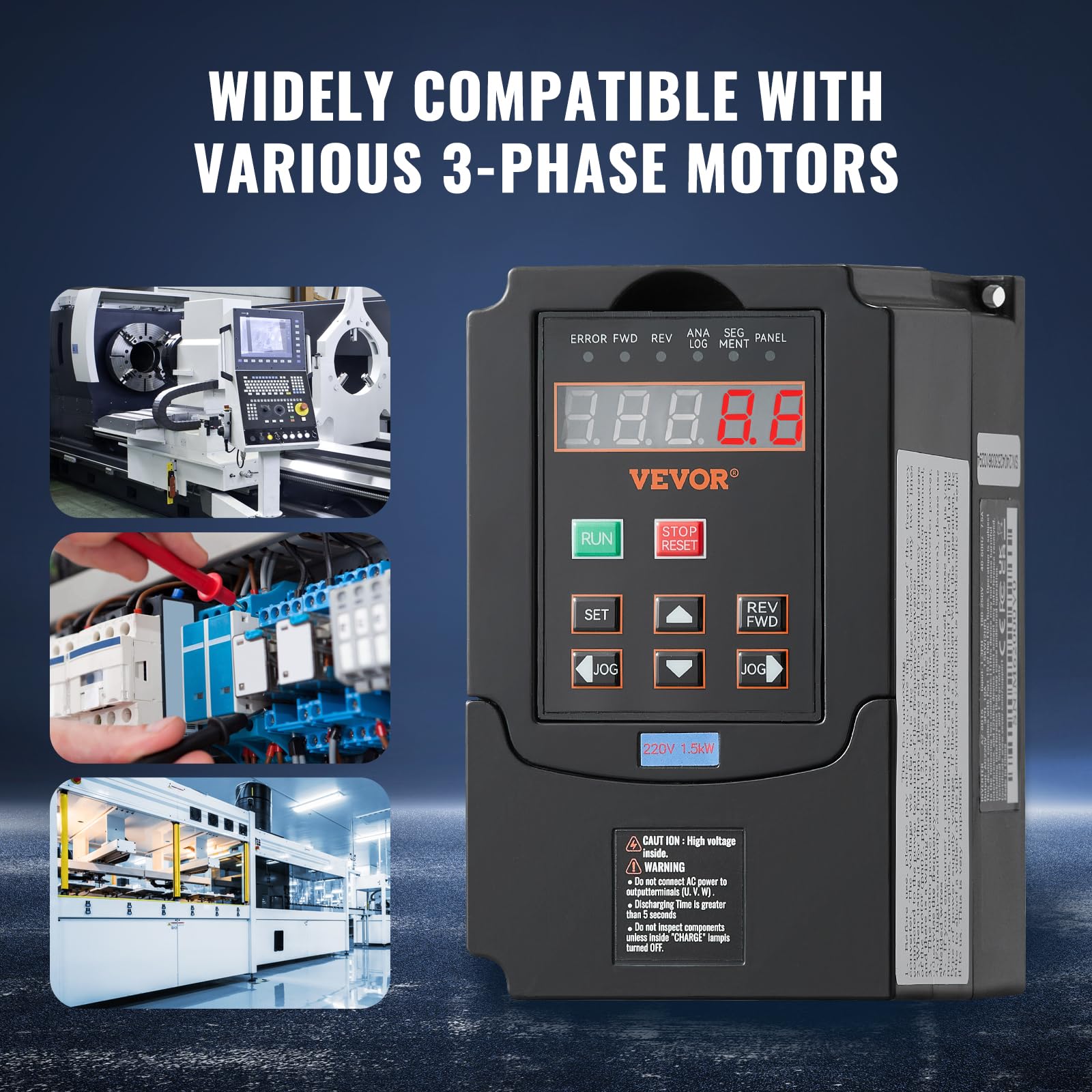 VEVOR Frequenzumrichter VFD 2 PS, 1,5 kW, 7,5 A, 1- oder 3-phasiger 220-V-Eingang auf 3-phasigen 220-V-Ausgang, 40-60-Hz-Eingang, 0-400-Hz-Ausgang, VFD für Spindelmotor-CNC-Drehzahlregelung