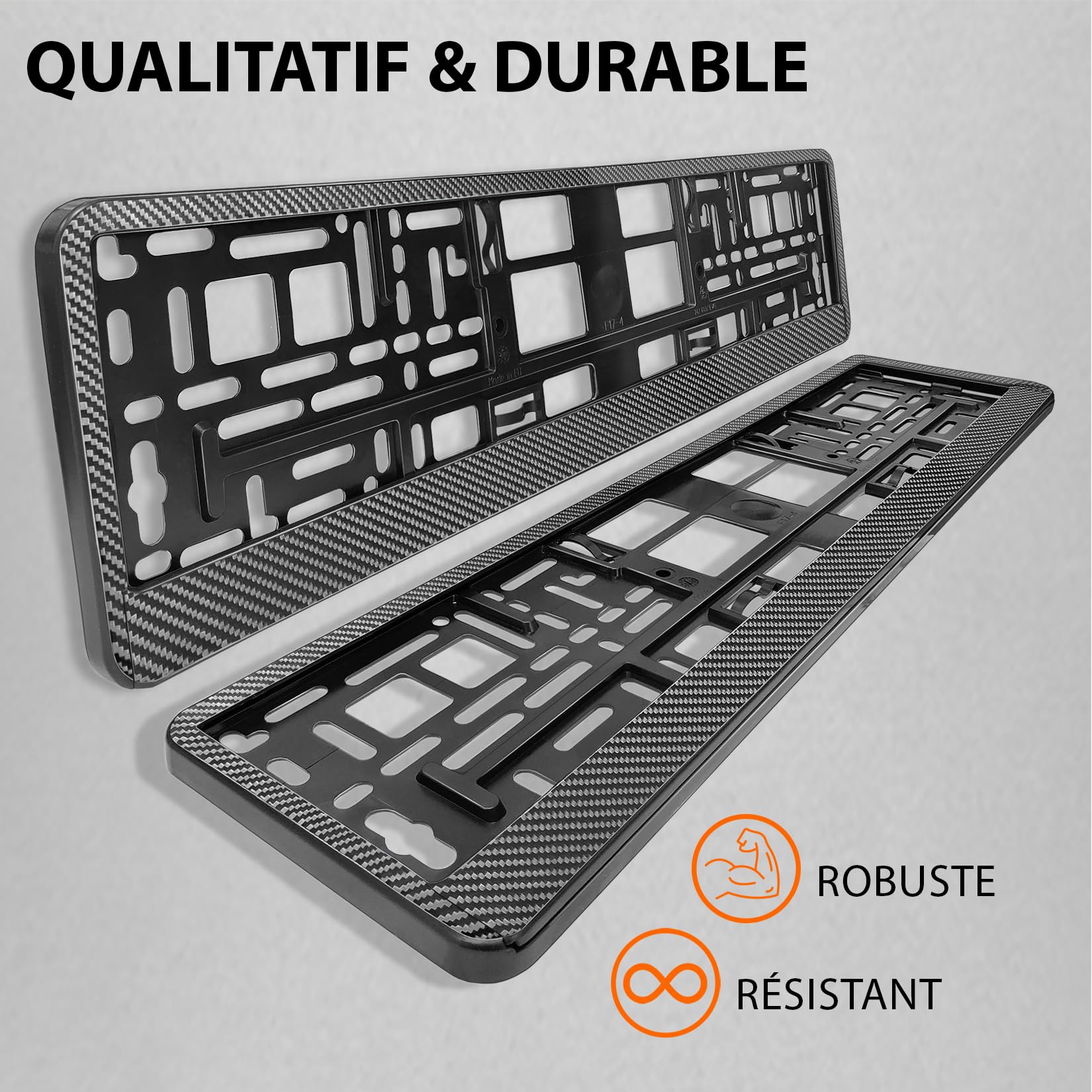 Lot de 2 - Supports de Plaque d'Immatriculation Voiture - [Simple, Rapide & sûr] - Porte Plaque Immatriculation pour Voiture - Auto Fixation pour Plaque - 52x11cm Discret Universel - Optique Carbone