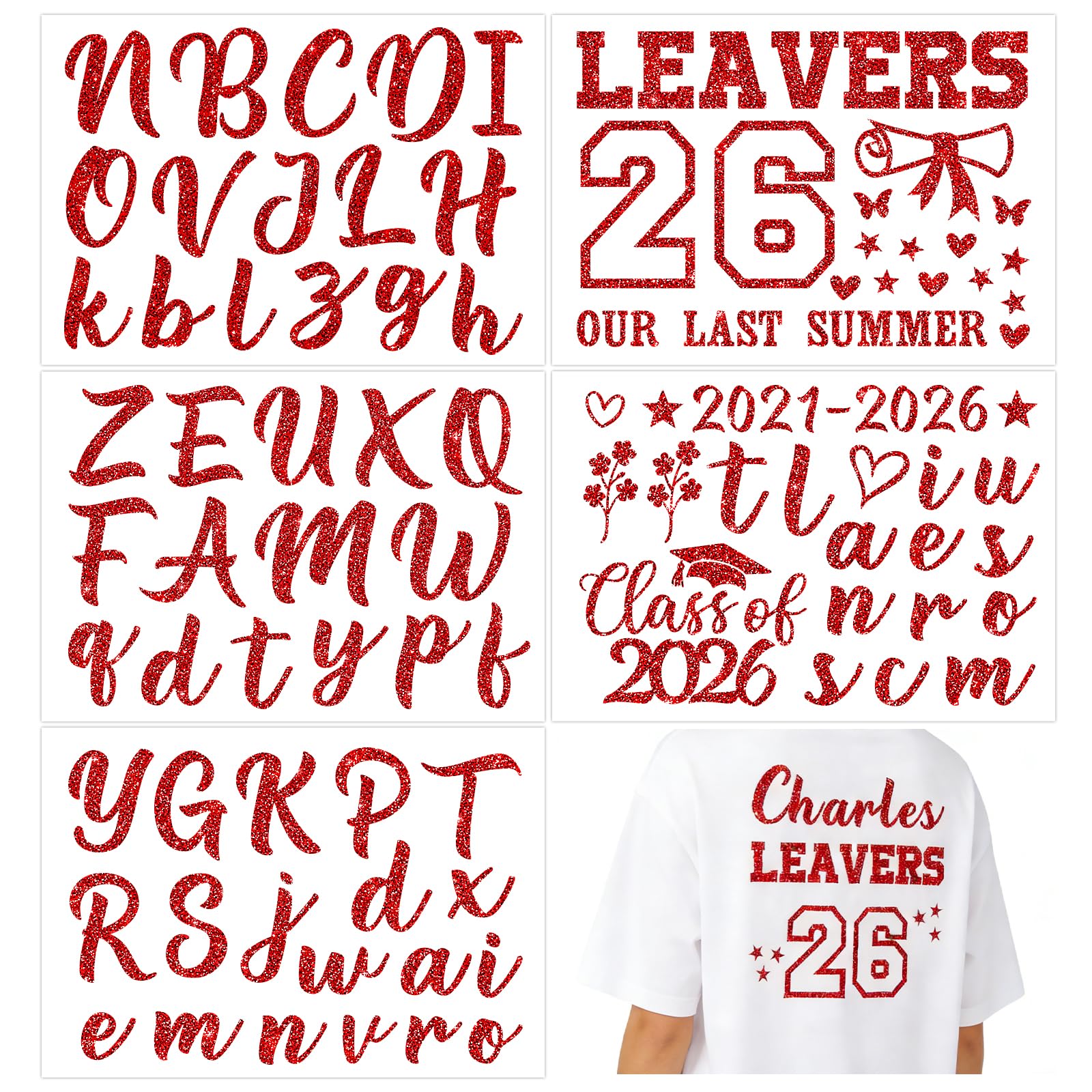 DOORIO 5 Sheets 2026 Leavers Iron on Transfers Class of 2026 Transfer Names Glitter DIY Leavers Shirt Decoration Graduation Transfers for Clothing T-Shirts Backpacks Jerseys Hats (Red)