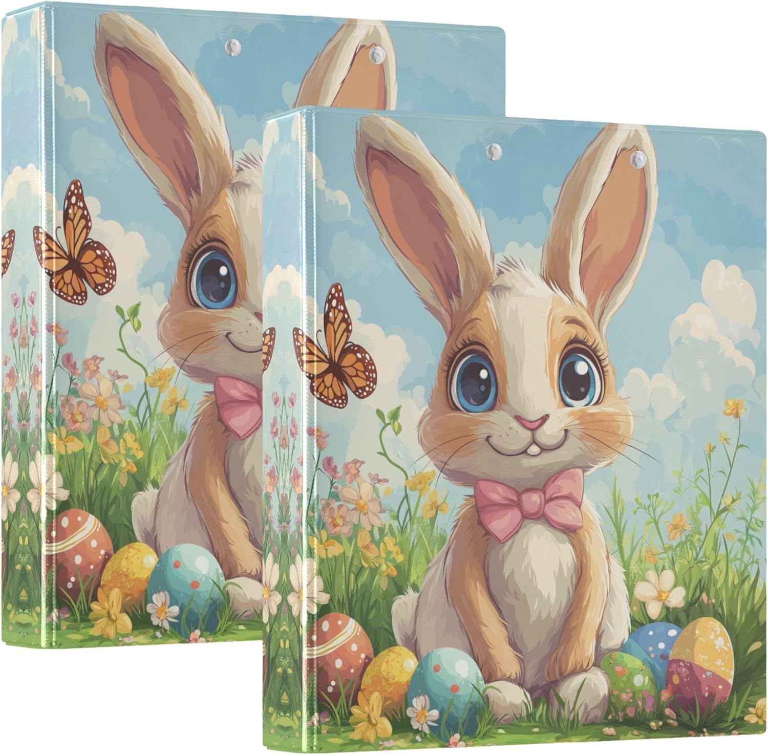 Cartoon Easter Bunny Eggs 3 Ring Binders, 1.5” Round Ring Binders with Clipboard - Letter Size, 3 Interior PVC Clear Pockets & Anti-Slip Clip for Office School Supplies, 2PCS