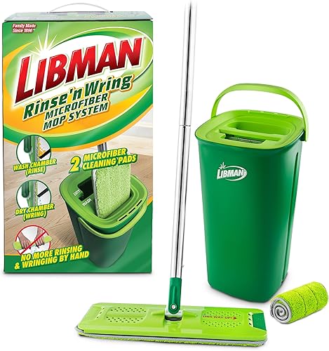 Libman Sistema de fregona y cubeta Rinse 'n Wring, fregona de microfibra seca y húmeda para limpieza de pisos, madera dura, laminado, limpiador de