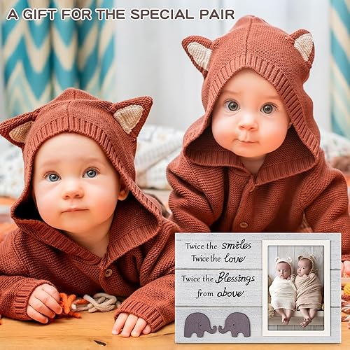 Miniatura 4 de Marco de fotos de madera para bebés gemelos con bonitos patrones de elefante, regalos únicos de baby shower para gemelos mamá, marco de fotos de