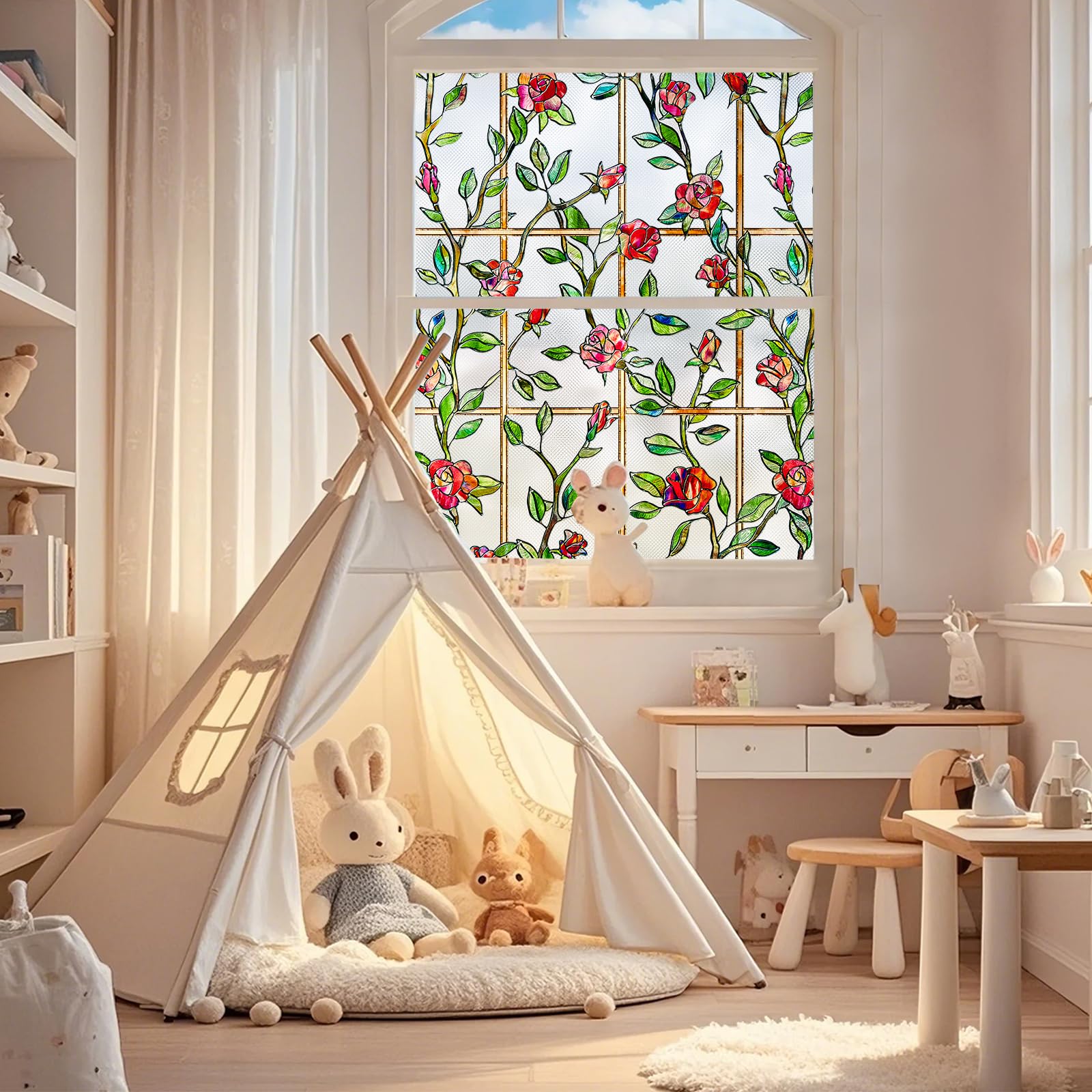 Windimiley Fensterfolie Sichtschutzfolie mit 3D-Rosenblumenmuster – dekorativ, mattierend und statisch haftend für Fenster & Türen 90 x 200 cm Rot