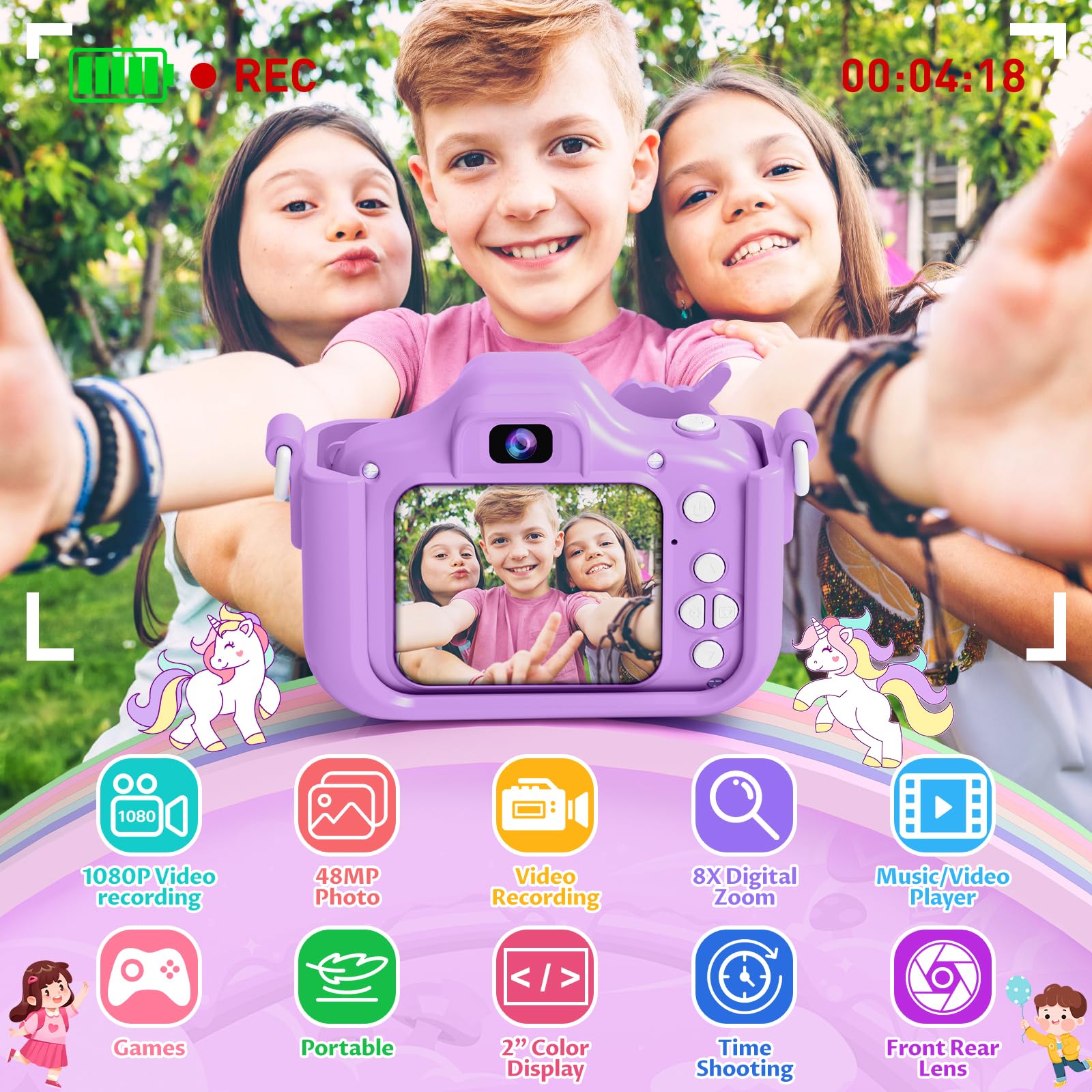 Kids Camera, Digital Camera for Girls 48 MP HD 1080P IPS Screen Dual Selfie Digital Toddler Video Camera Toy for Kids - Image 2