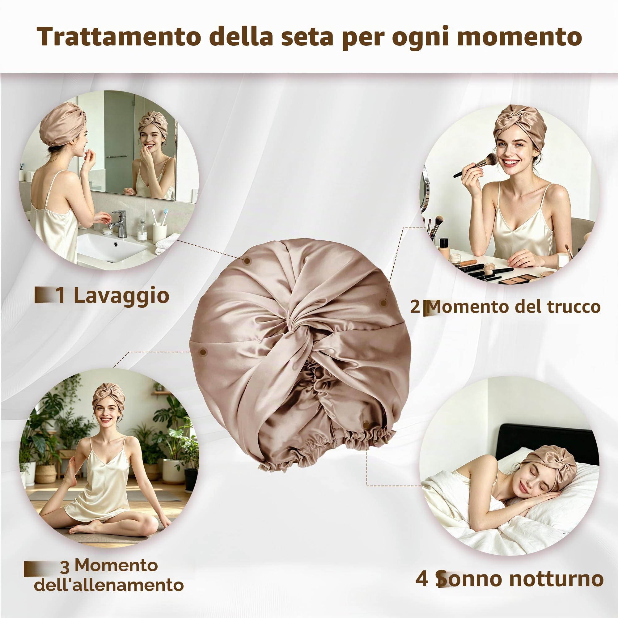 townssilk 100% Seta di gelso, Cappello da Notte da Donna, 16 Momme, in Seta, Ideale per i Capelli, Protegge i Capelli, Cappello da Notte in Seta, Doppio Strato,Coffee