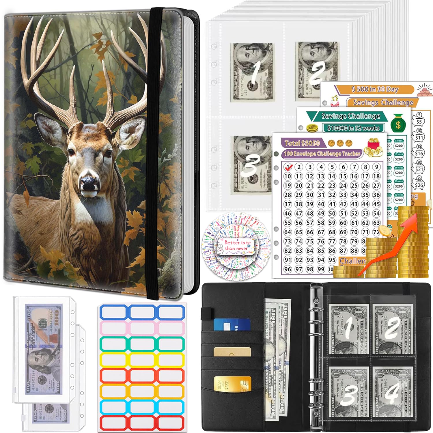 Money Saving Binder, 100 Envelopes Money Saving Challenge, Cash Envelopes Budget Binder & 3 Budgeting Planner Trackers, PU Leathers A5 Money Saving