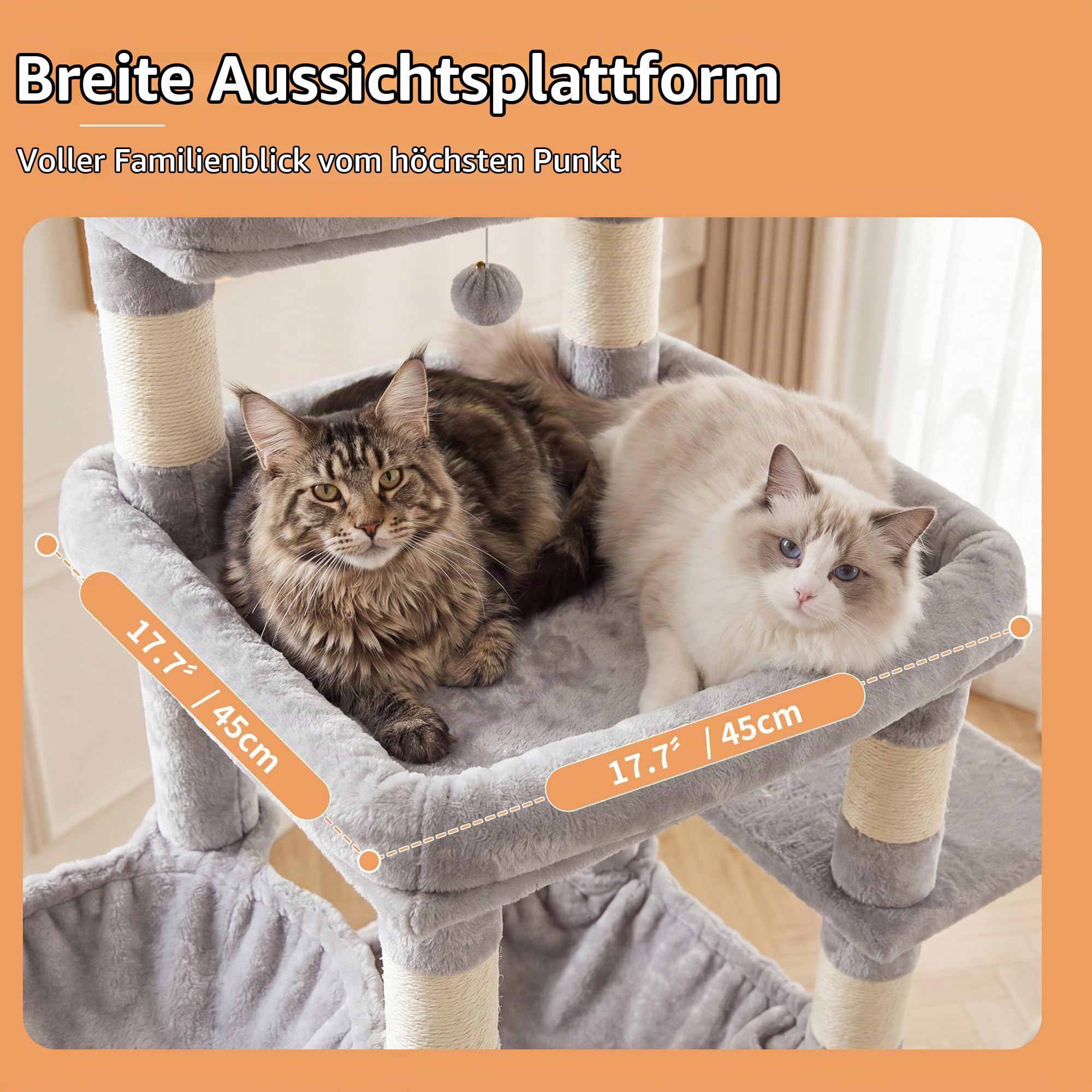 Heybly XXL Katzenbaum, 266–296 cm Kratzbaum Deckenhoch Hellgrau HCT092W | Mit Oberster Plattform & Breitem Boden, 2 Katzenhöhlen, Hängematten, Katzenkörben, 15 Sisal Kratzpfosten, Anti-Kipp-System