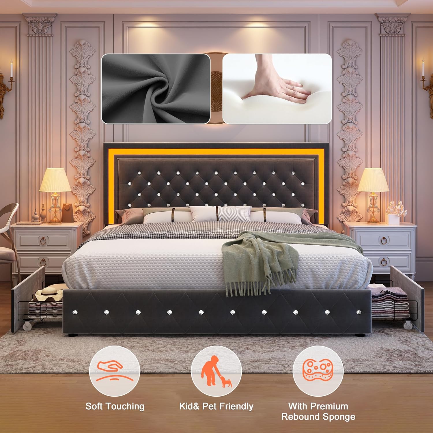 King LED Bed Frame with 4 Storage Drawers Adjustable Headboard with Smart Control RGBW LED, Whisper-Quiet Design, Upholstered Bed Wood Slats Support, No Box Spring Needed, Velvet Grey