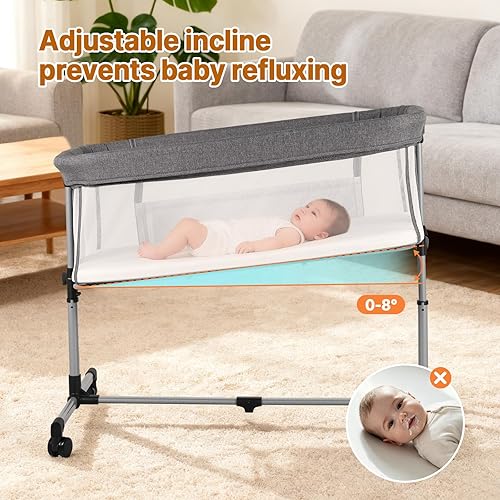 Miniatura 6 de Moisés cama con ruedas, cuna de bebé ajustable de 5 alturas, moisés 3 en 1, malla completa transpirable y colchón, cama estable y segura para recién