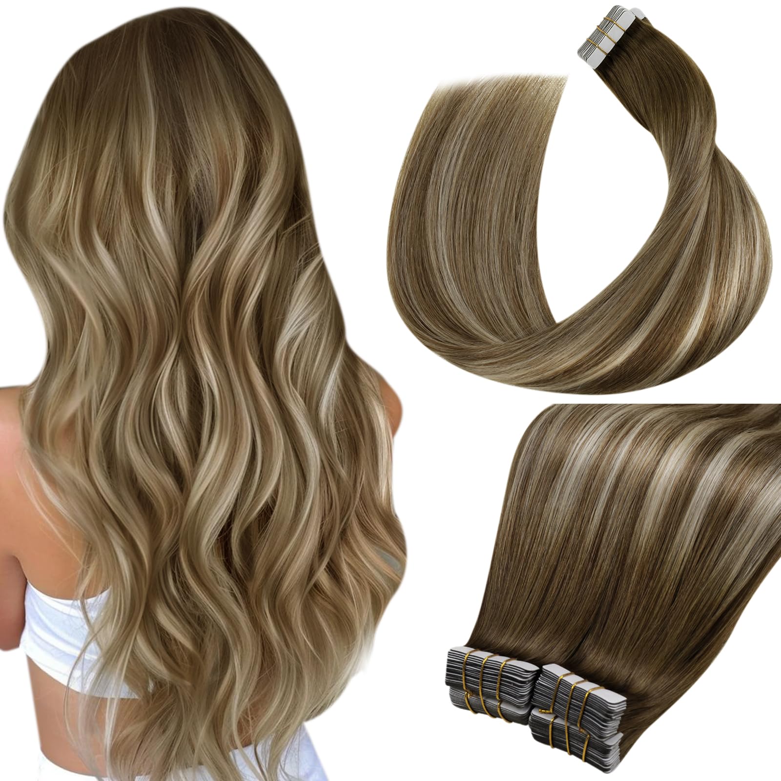 LaaVoo Tape in Hair Extensions Human Hair 100g Tape Hair Extensions Real Human Hair Balayage Brown to Blonde Invisible Tapes Remy Straight Hair Double Sided Tabs 40pcs 16 Inch #3/8/24