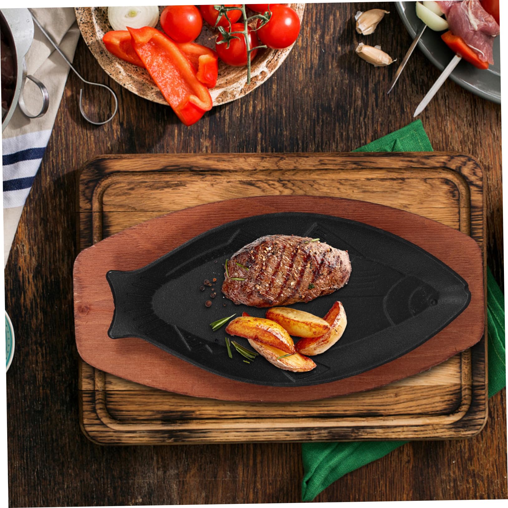 PRETYZOOM Bandeja para Asar Forma Pescado 33,5x16,5x2,5 Cm Hierro Fundido Sartén Antiadherente para Barbacoa Hogar Base de Madera Segura