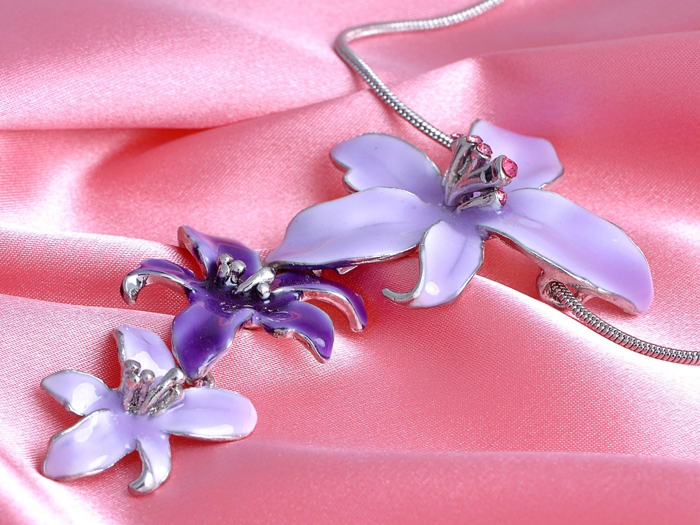 Alilang Silvery Tone Pink Rhinestones Purple Hawaiian Flower Necklace Earrings Set - Image 2
