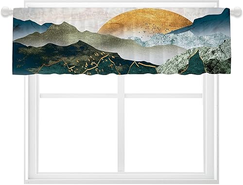 Miniatura 1 de Yorida Cortina abstracta de cenefa de montaña para ventana, estilo bohemio, amanecer, puesta de sol, con bolsillo para barra, cortina de cocina