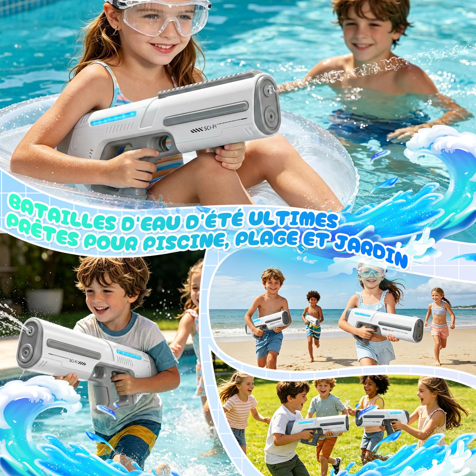 Pistolet a Eau Electrique, Pistolet à Eau Automatique avec Lumières LED, Lunettes de Protection et Fonction de Remplissage Automatique, Pistolets Rechargeable pour Plage en Été (Blanc)