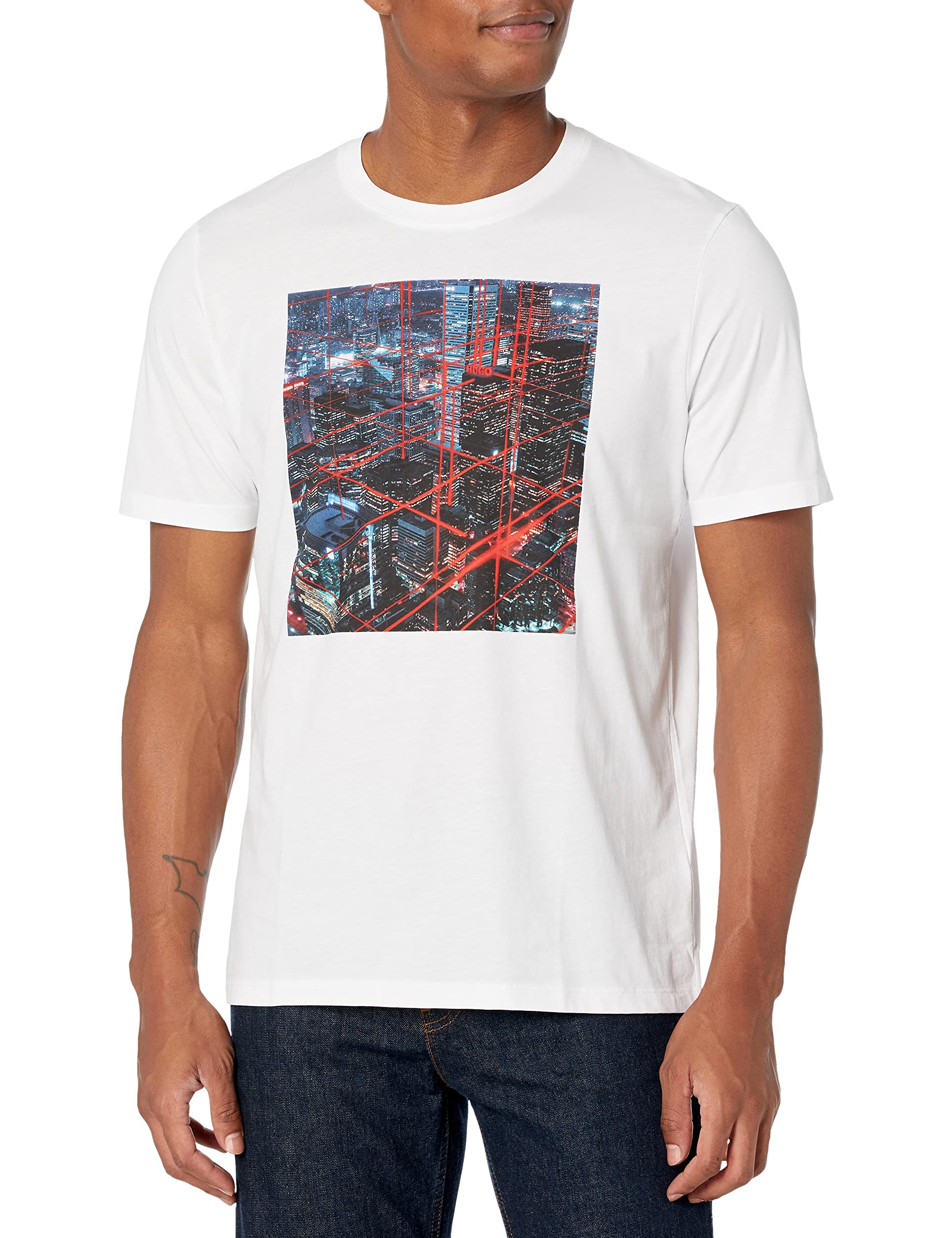 HUGOMens Crew Neck Pattern Box Jersey T-Shirt, Swan White, Large US