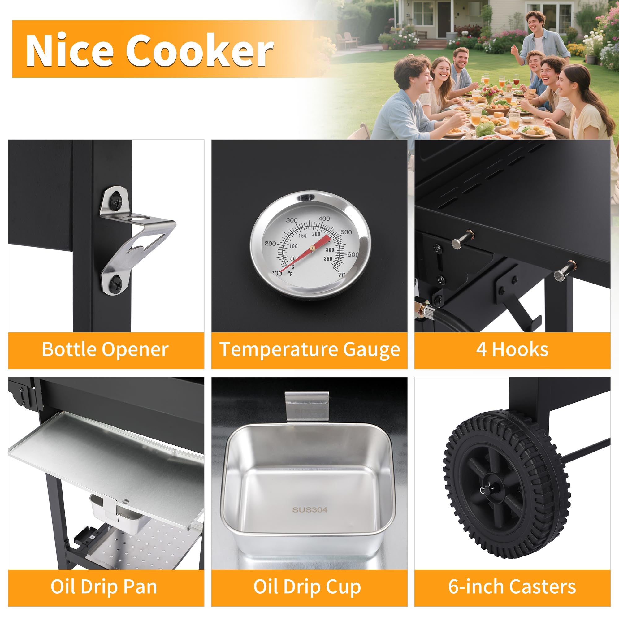 Griglia a gas propano a 3 fuochi, con griglie in ghisa, 252 mq, spazio per barbecue, ripiani laterali pieghevoli, per esterni, patio, campeggio, colore nero