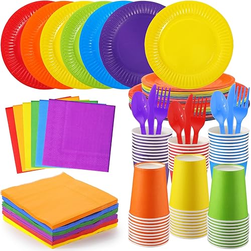 Inbagi 420 Pieces Rainbow Party Decorations Include 7" and 9" Colorful Paper Plates Colored Napkins Cups Spoons Forks Knives Complete Pack for Fiesta Neon Birthday Party Supplies