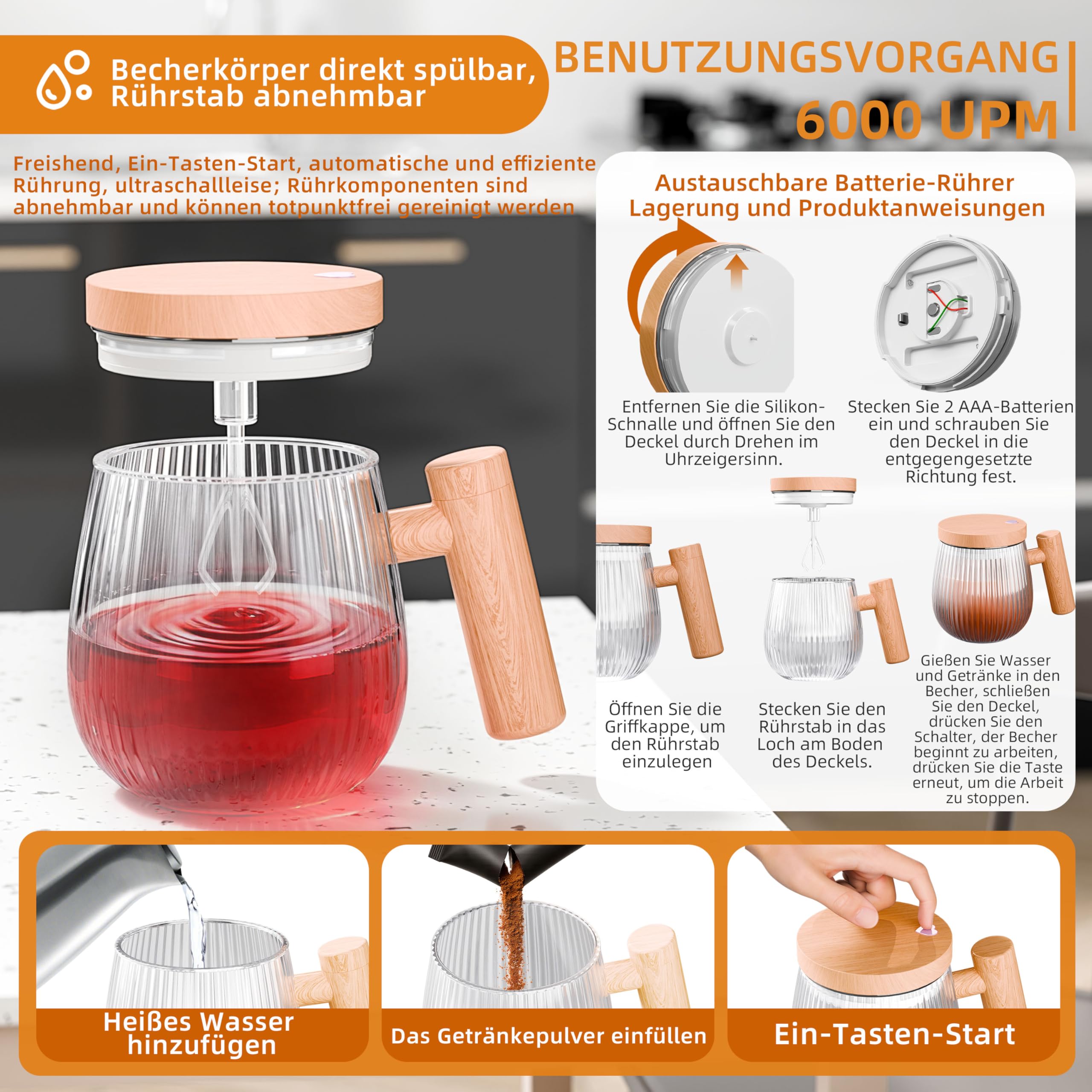Set di 2 pezzi di Tazza auto-commovente, tazza da miscelare da 400 ml, ad alta velocità adatta per caffè / latte / polvere di proteine, di in vetro a protezione termica con coperchio (Trasparente S)