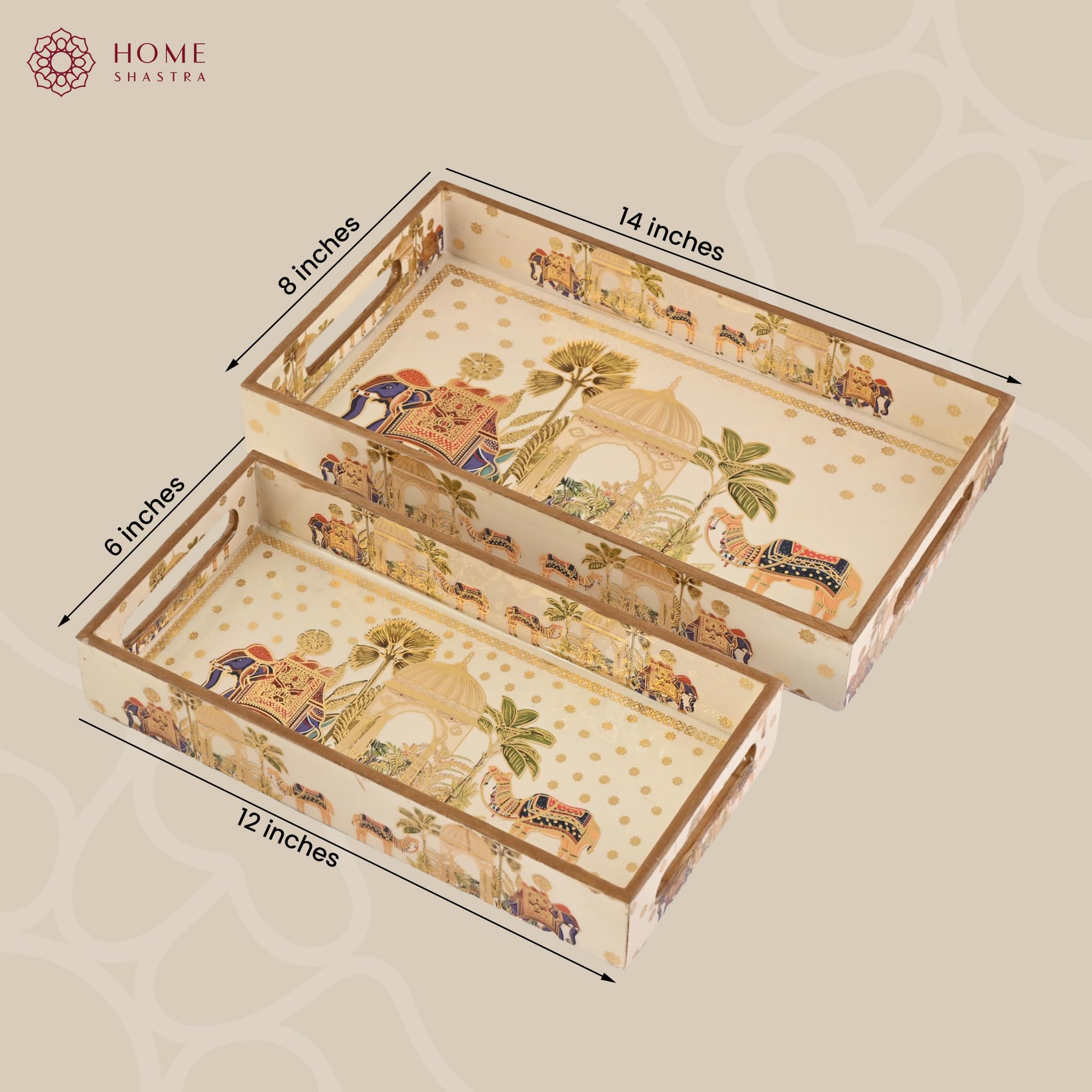 Bandeja de madera para servir con grabado dorado | Juego de 2 | Tamaño: 14 x 8 pulgadas y 12 x 6 pulgadas | Revestimiento esmaltado impermeable | Rectangular | Bandejas decorativas |