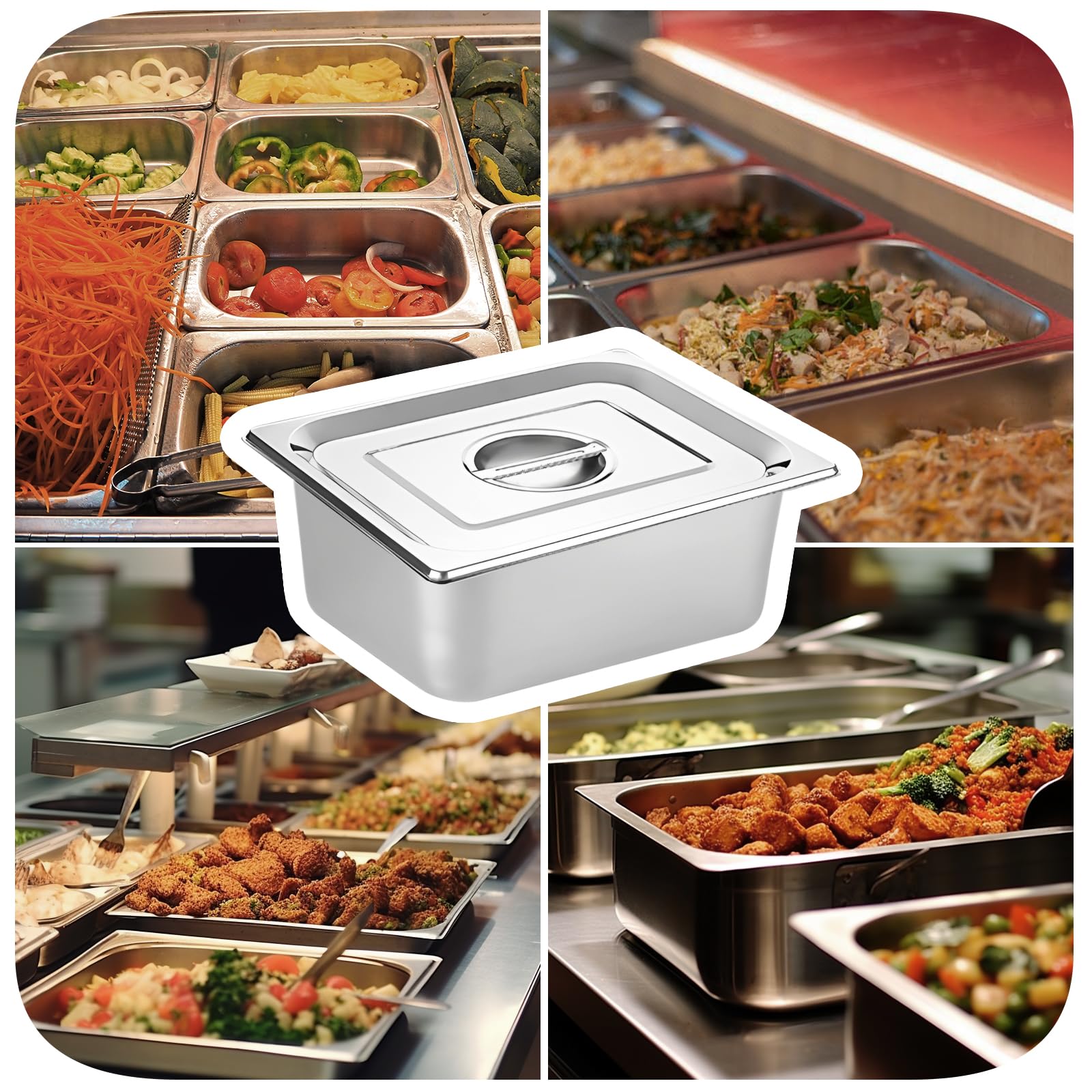 2 Pezzi Contenitori Acciaio Inox Gn 1/6, 17,5 x 16,2 x 6,5 Cm Contenitori Acciaio con Coperchio, Contenitore per Ristorante, Buffet, Festa