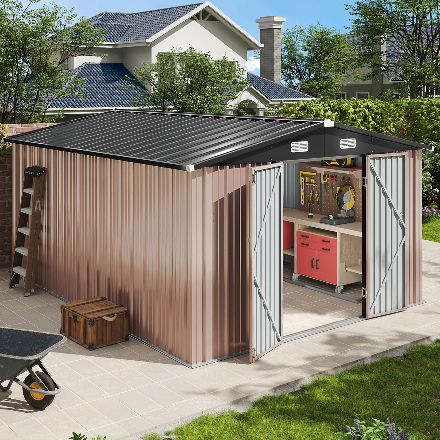 Aoxun 12x10 FT Shed Metal Outdoor Waterproof Storage Shed Steel Utility ...